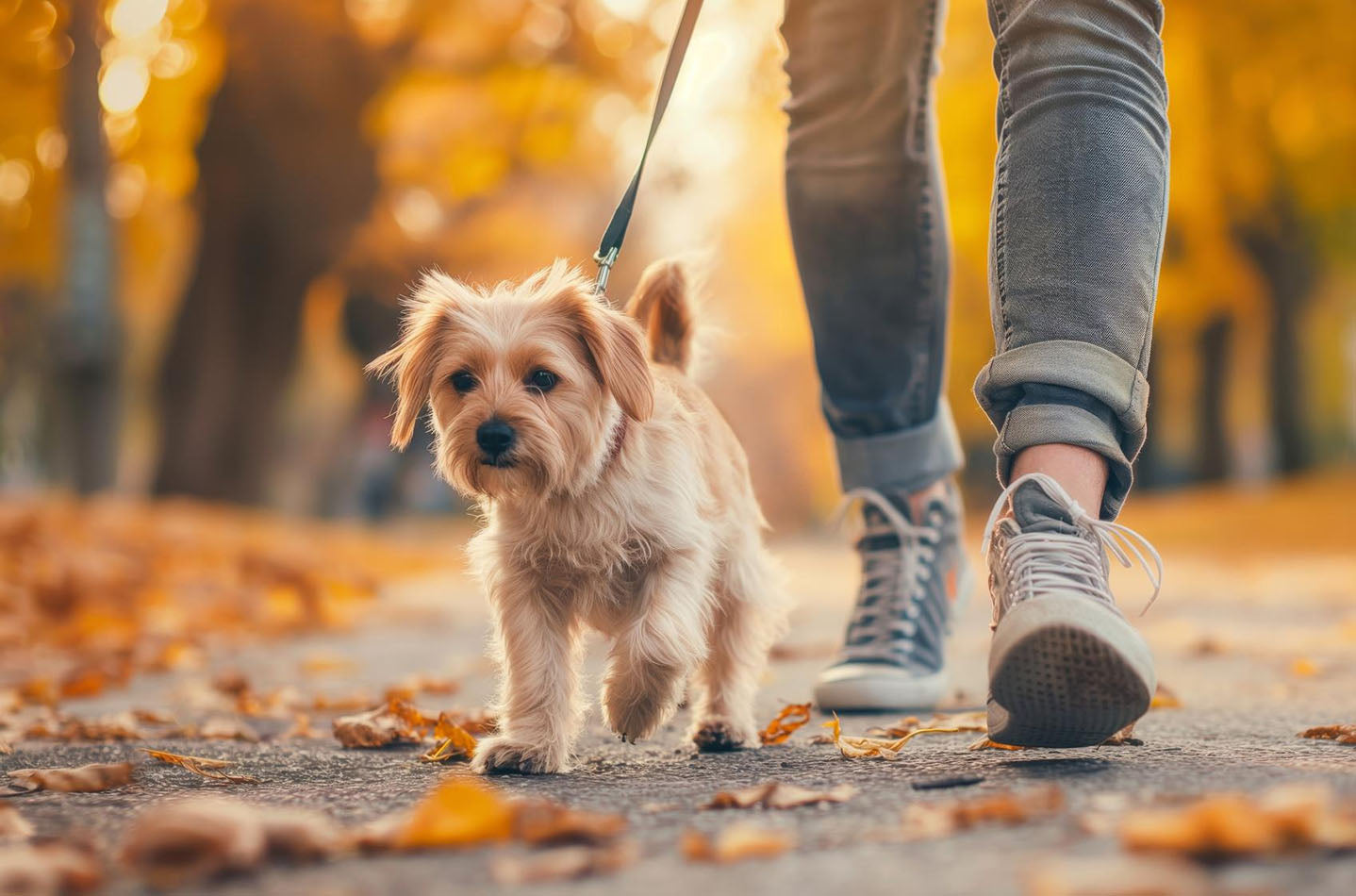 A cute dog being walked by a professional dog walker in an autumn scene.