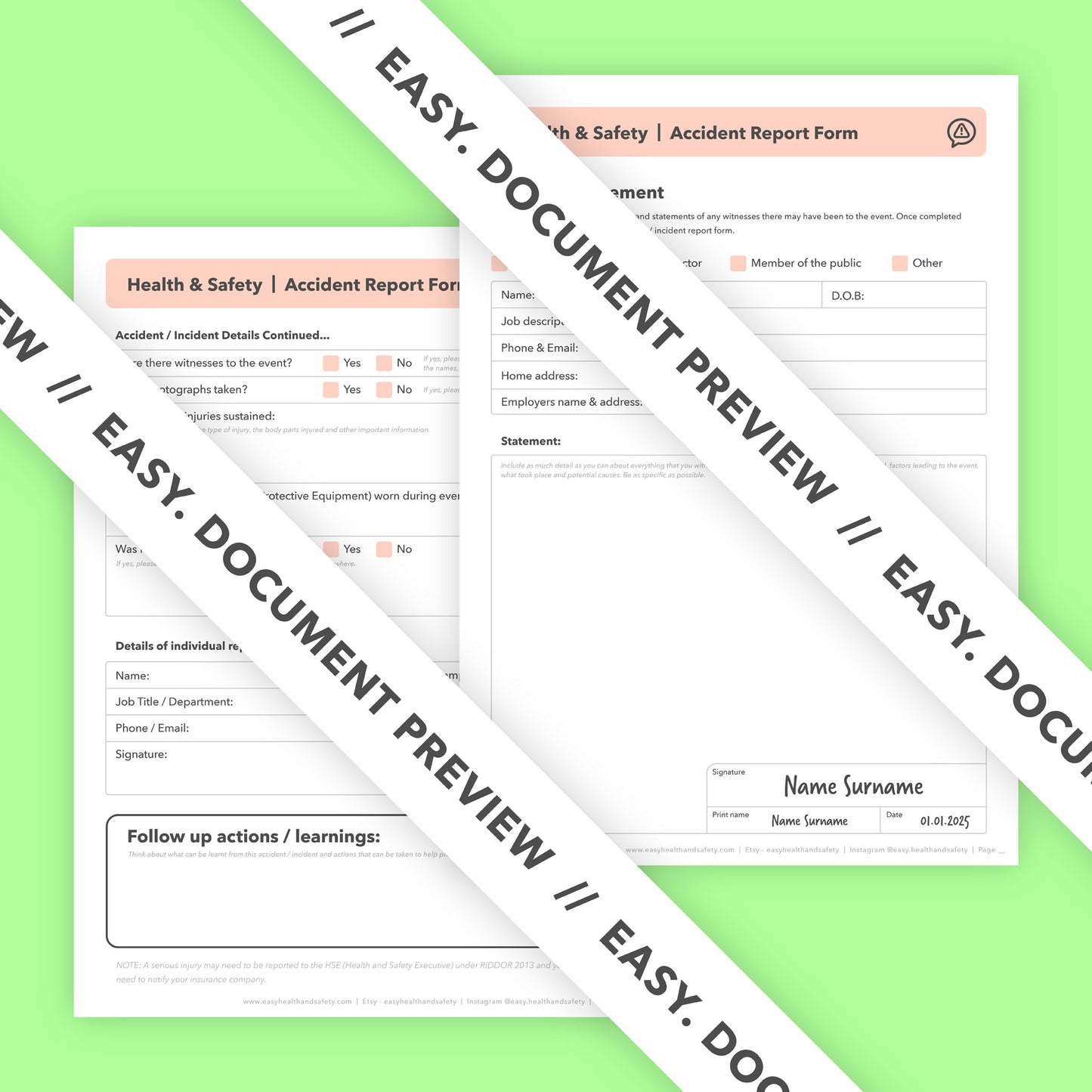 Editable accident report form template for recording workplace accidents, injuries, near misses, and work-related ill health or incidents.