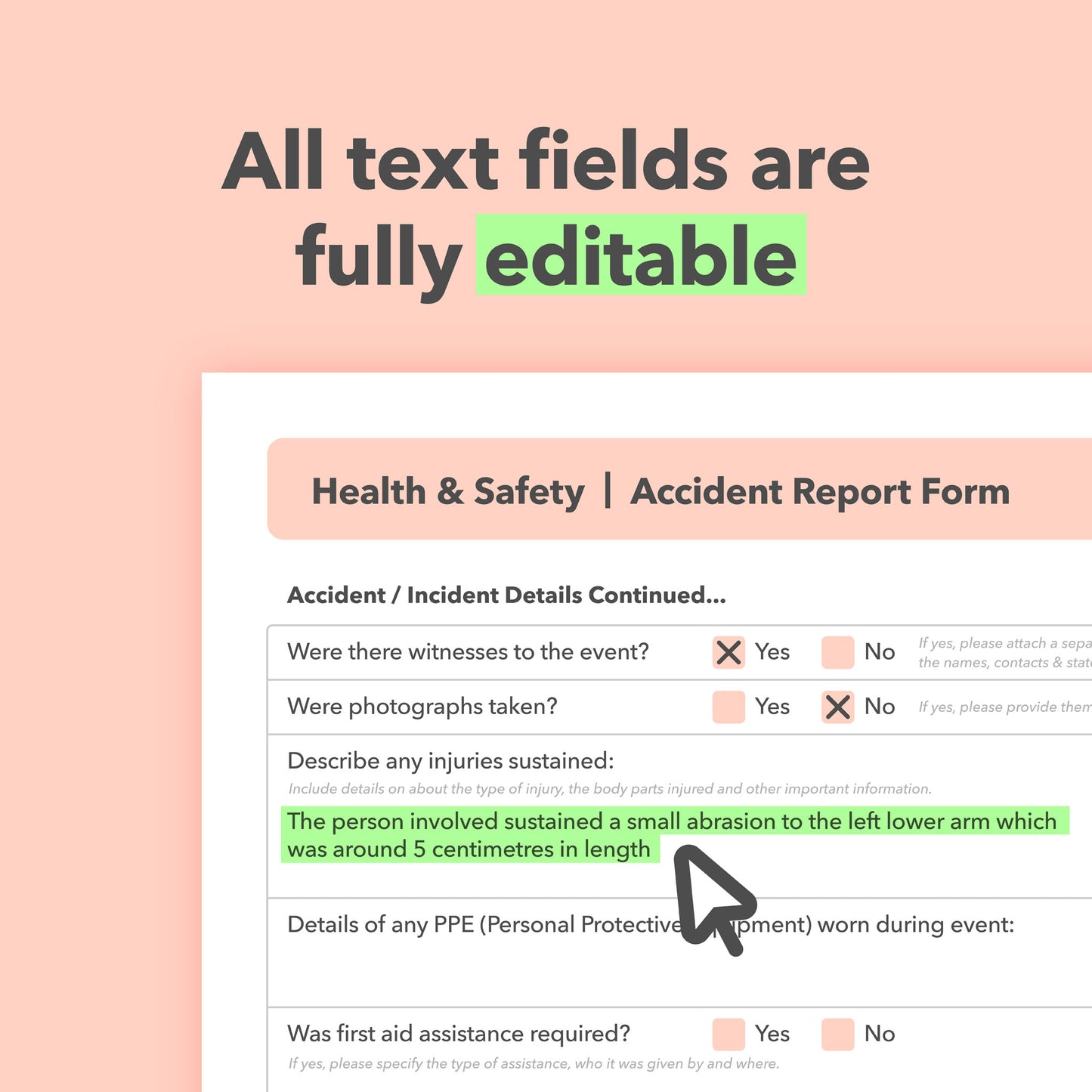 Editable accident report form template for recording workplace accidents, injuries, near misses, and work-related ill health or incidents.