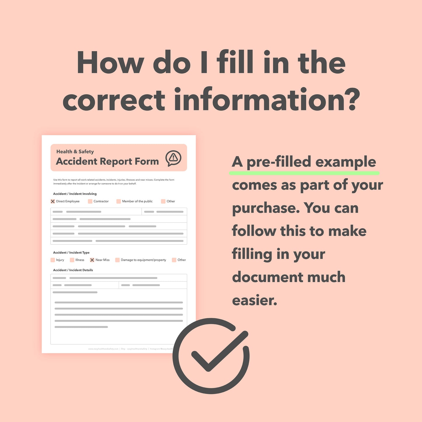 Editable accident report form template for recording workplace accidents, injuries, near misses, and work-related ill health or incidents.