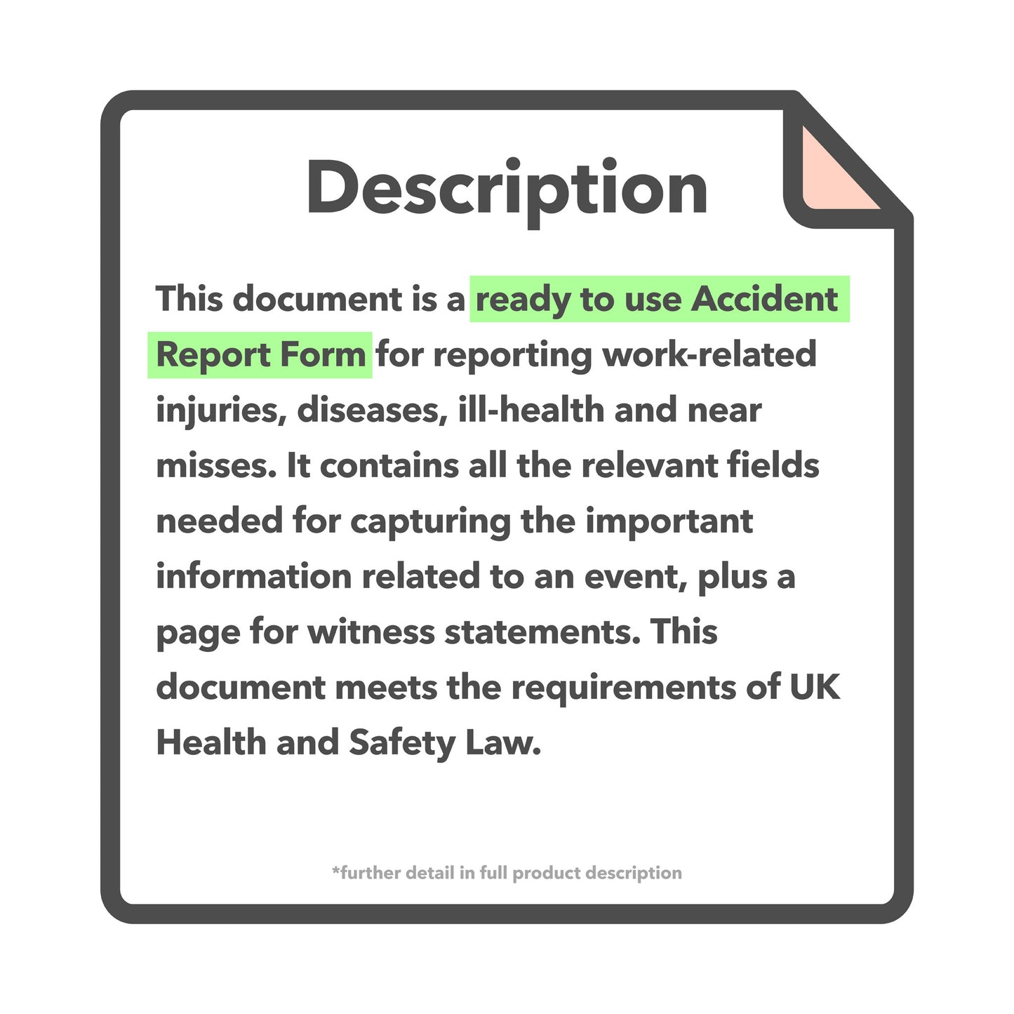Editable accident report form template for recording workplace accidents, injuries, near misses, and work-related ill health or incidents.
