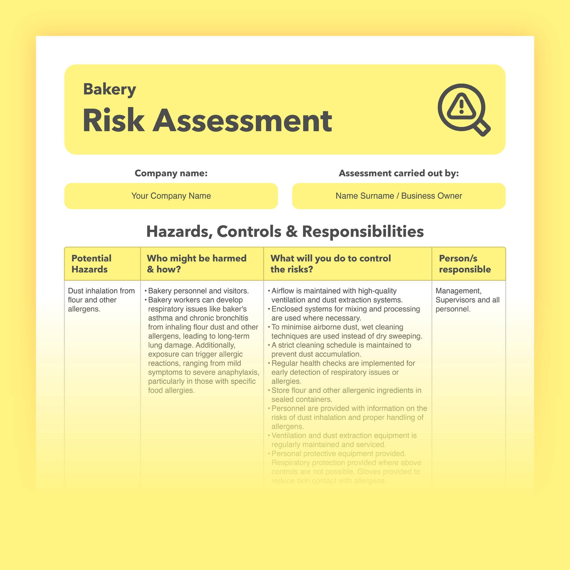 Editable, pre-filled risk assessment template for bakeries and cake shops – easy to use and fully compliant with health and safety regulations.