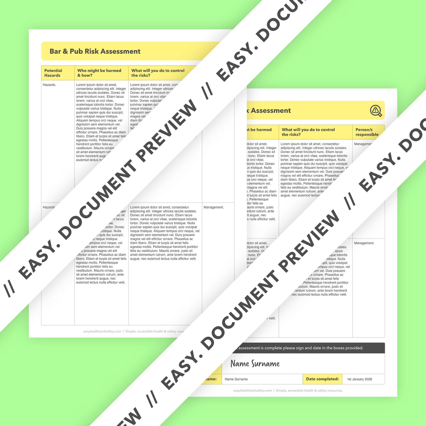 Editable, pre-filled risk assessment template for bars and pubs – fully compliant with health and safety regulations.