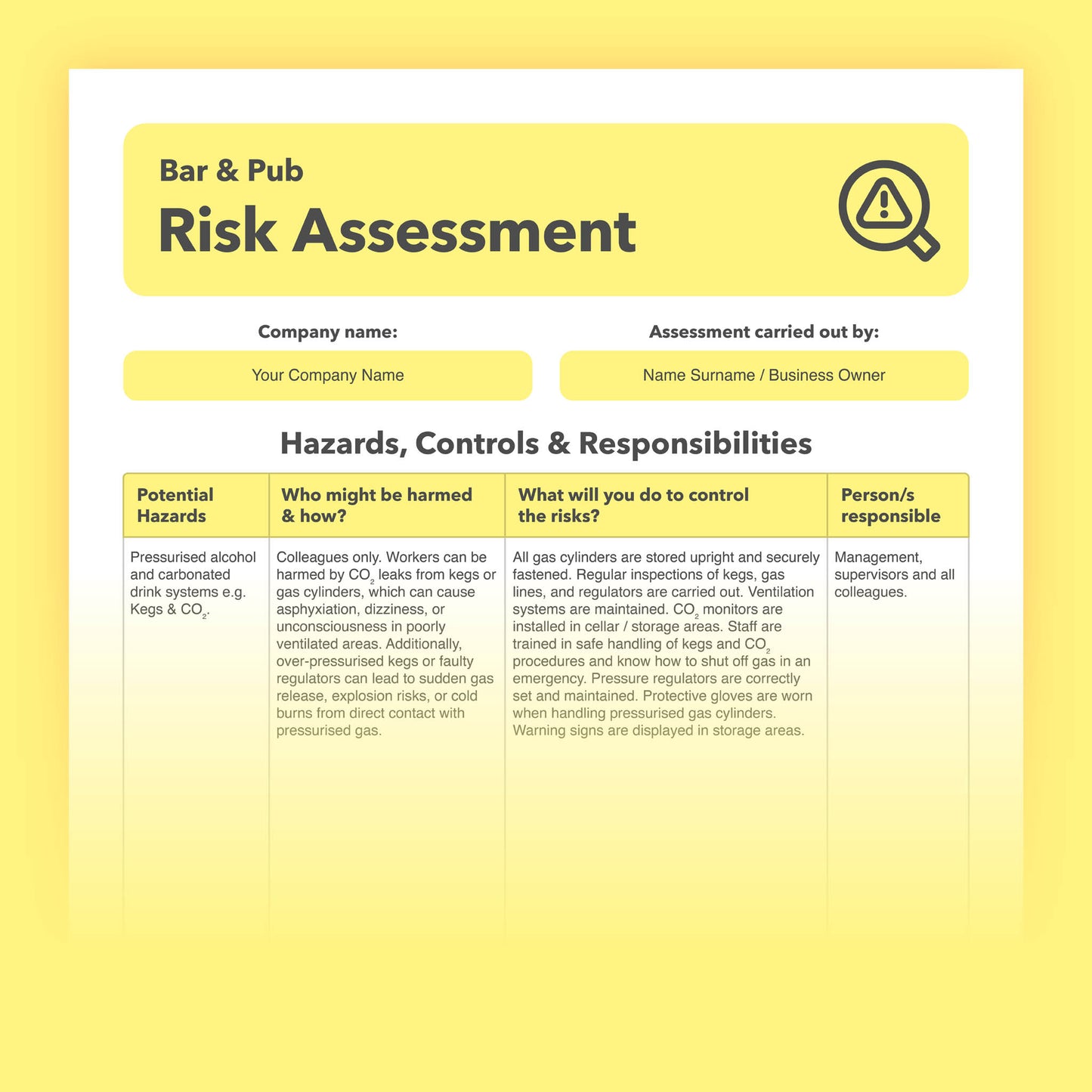 Editable, pre-filled risk assessment template for bars and pubs – fully compliant with health and safety regulations.
