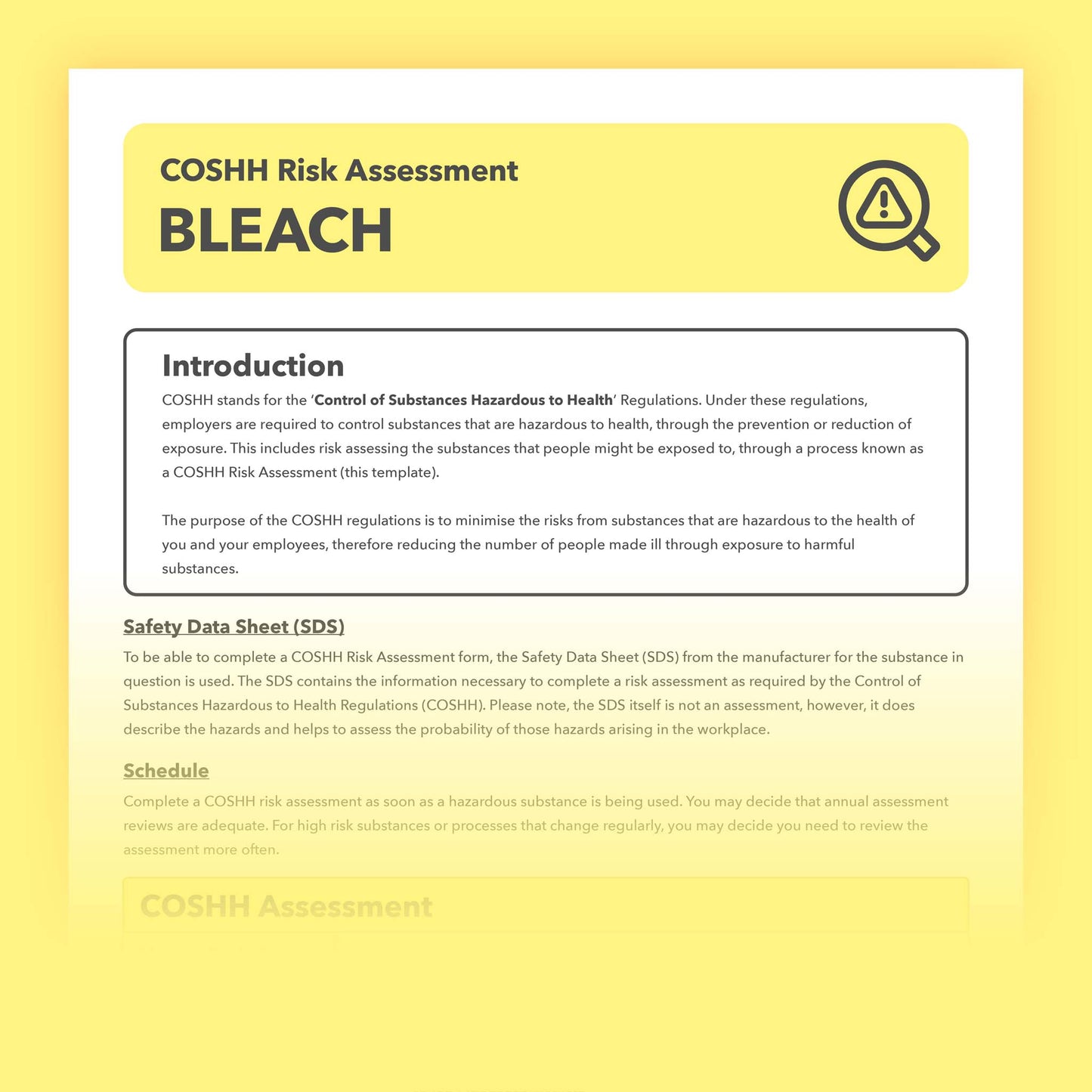 Prefillled COSHH risk assessment for bleach