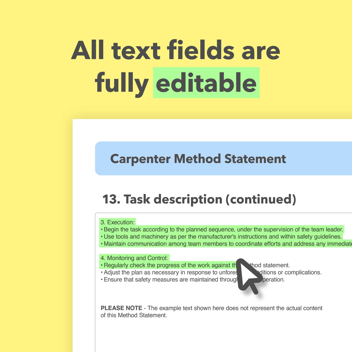 RAMS template for carpenters and carpentry work. This risk assessment and method statement template comes pre-filled with relevant content for ease of use.