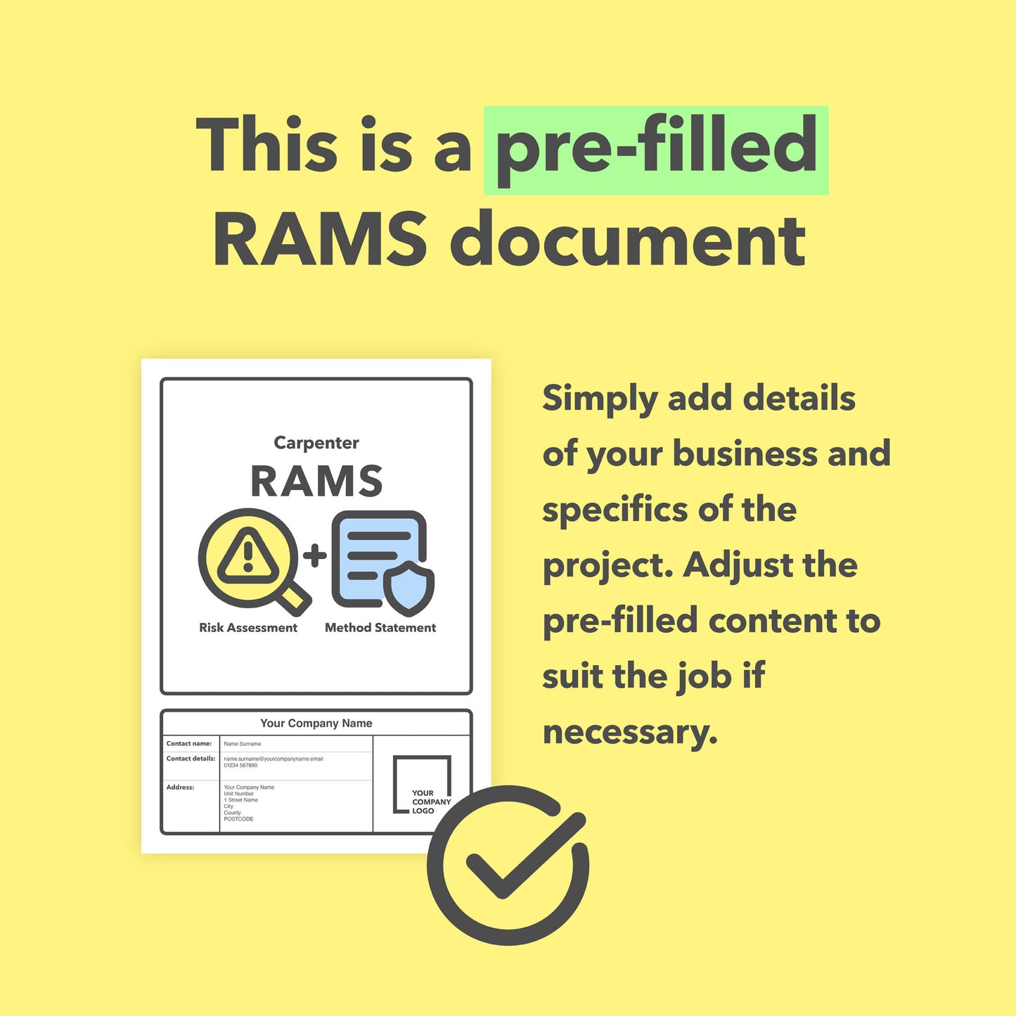 RAMS template for carpenters and carpentry work. This risk assessment and method statement template comes pre-filled with relevant content for ease of use.