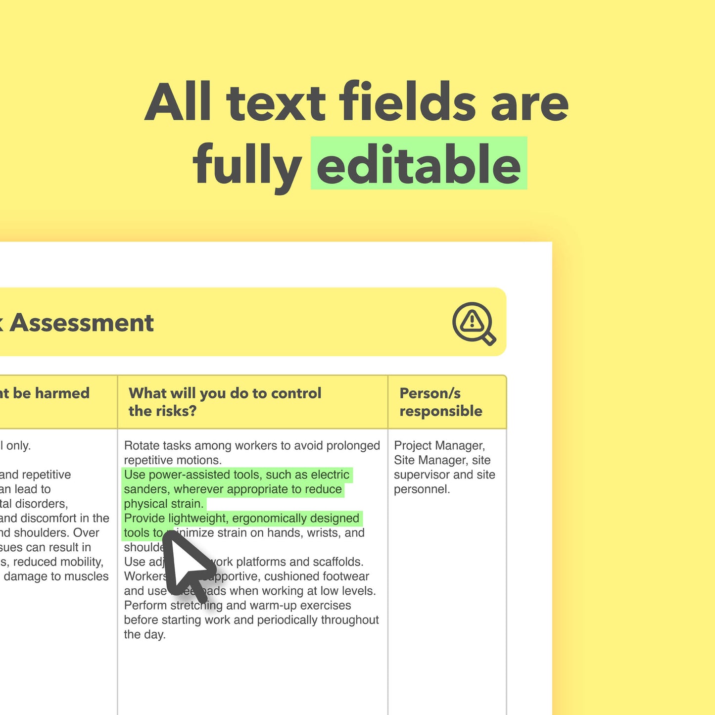 Editable, pre-filled risk assessment template for carpenters and carpentry work – fully compliant with health and safety regulations.