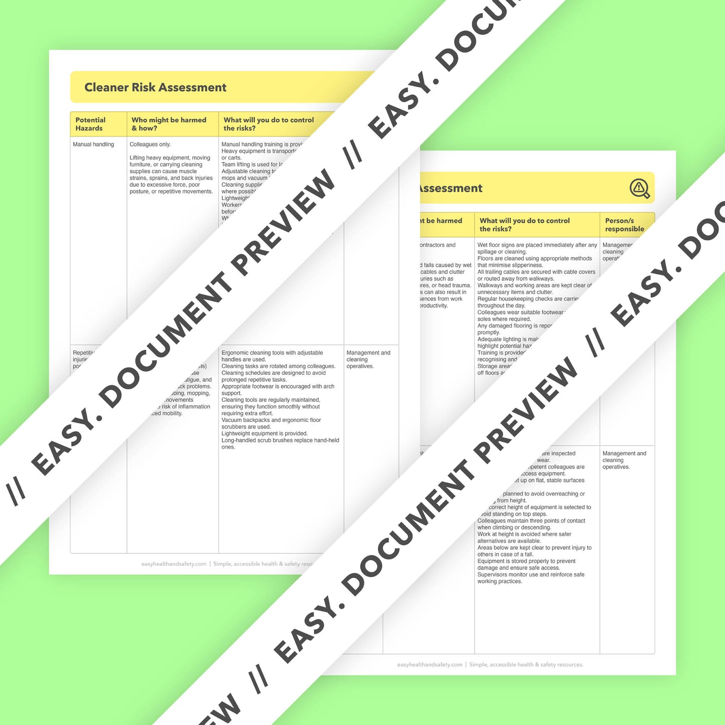 Risk assessment template for professional cleaners, domestic cleaners, commercial cleaners, freelance cleaners, and self-employed cleaners. This health and safety risk assessment comes pre-filled for ease of use.