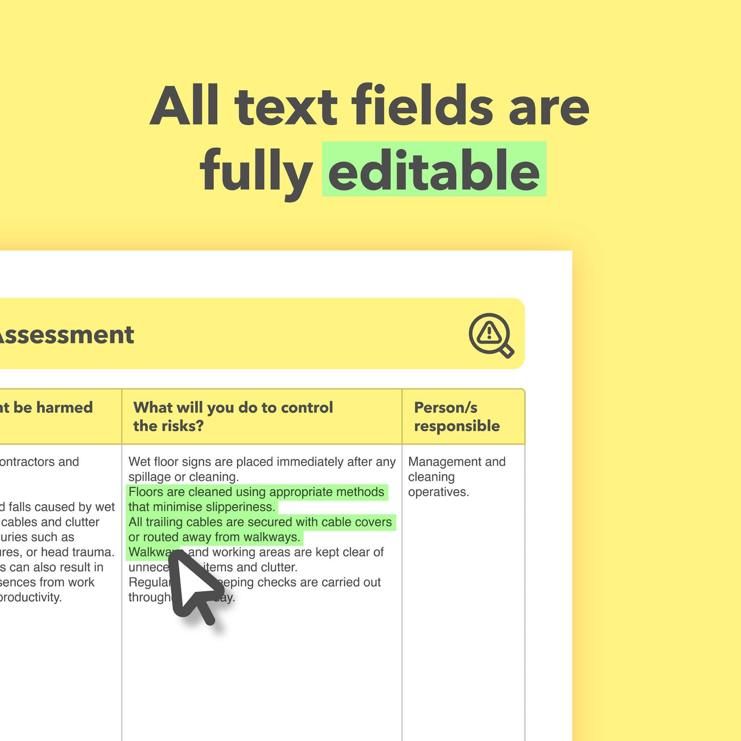 Risk assessment template for professional cleaners, domestic cleaners, commercial cleaners, freelance cleaners, and self-employed cleaners. This health and safety risk assessment comes pre-filled for ease of use.