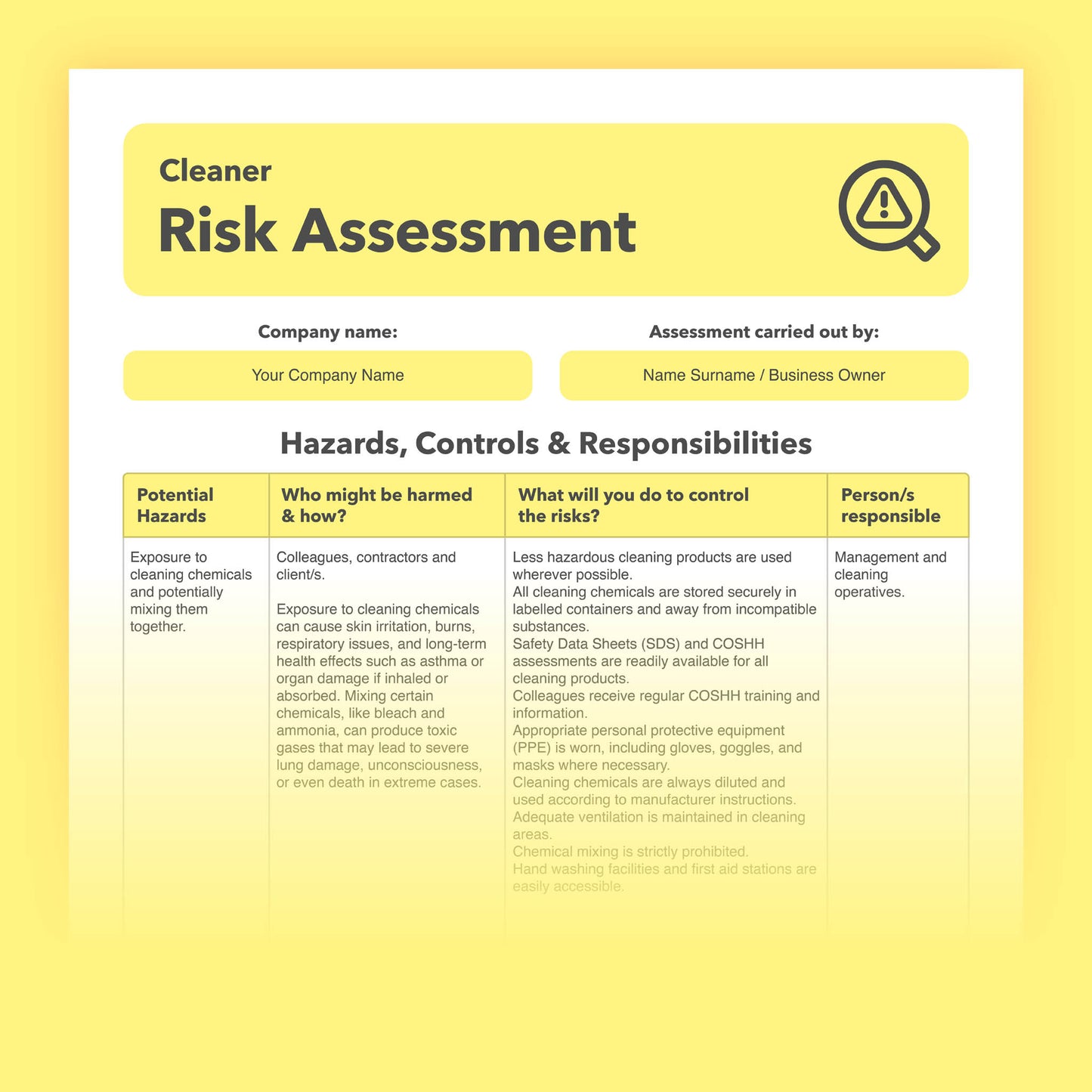 Risk assessment template for professional cleaners, domestic cleaners, commercial cleaners, freelance cleaners, and self-employed cleaners. This health and safety risk assessment comes pre-filled for ease of use.