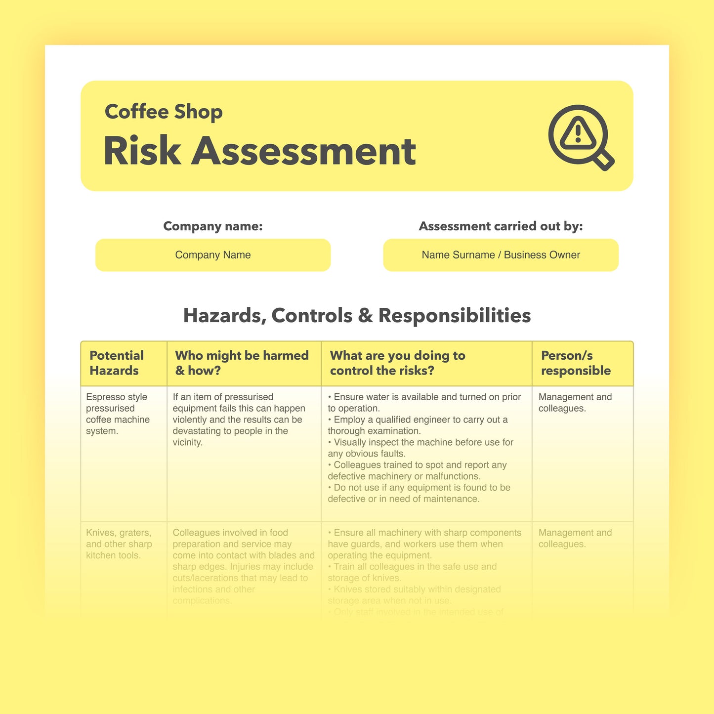 Editable, pre-filled risk assessment template for coffee shops and tea rooms – fully compliant with health and safety regulations.