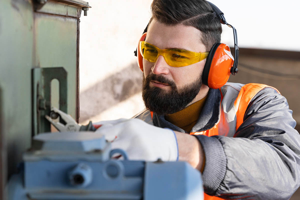 Construction worker using safety gear and hand tools
