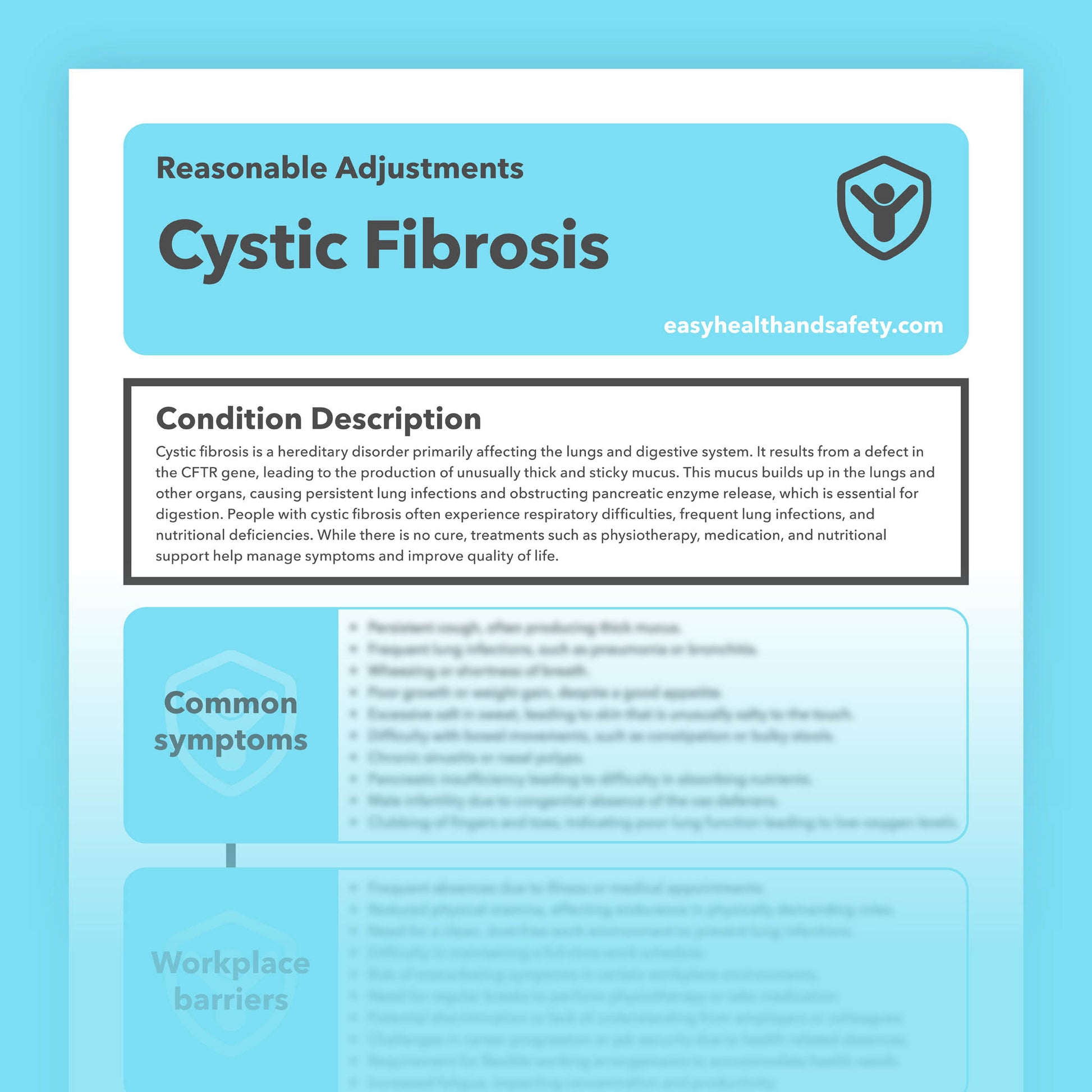 Reasonable adjustments guide for employees living with Cystic Fibrosis in the workplace.