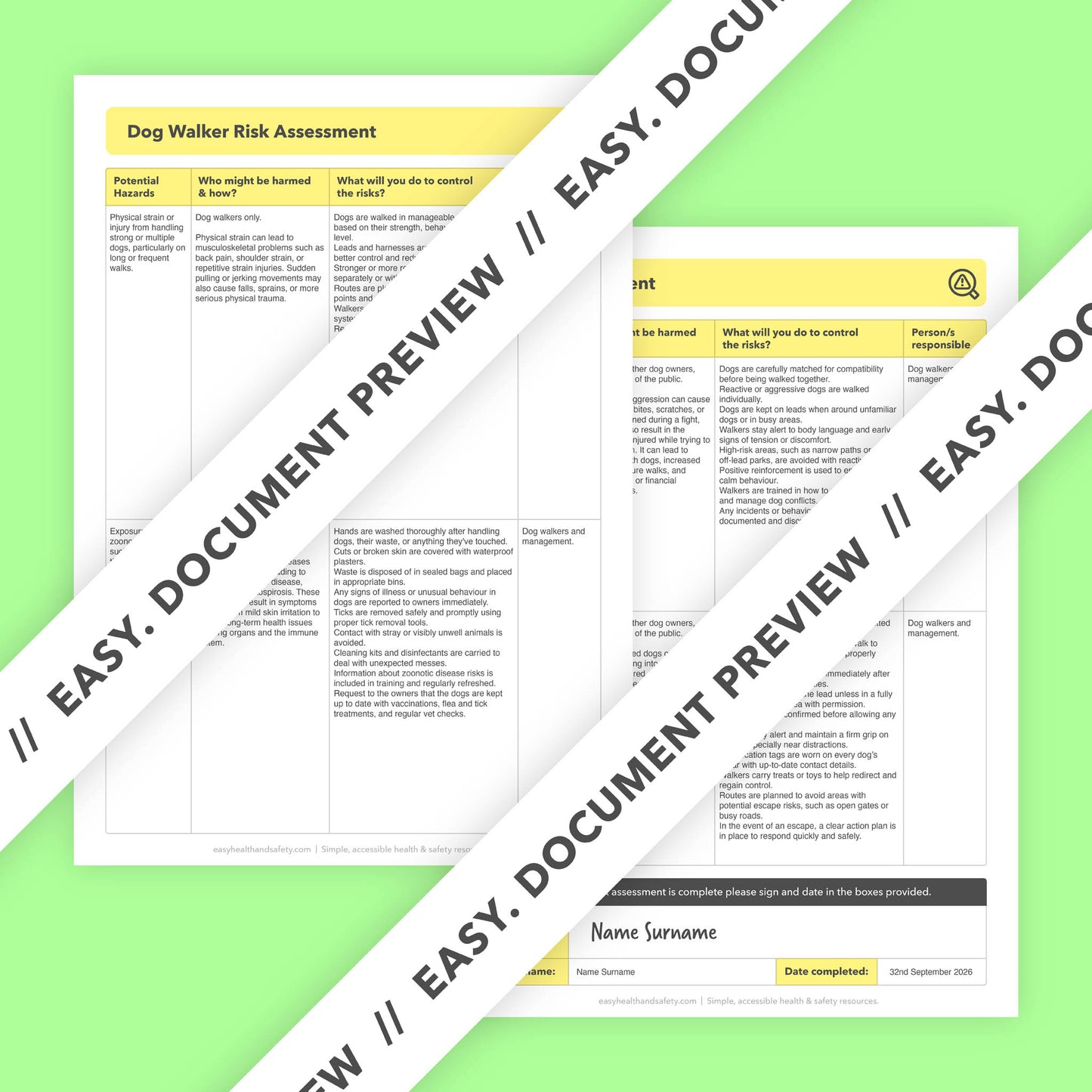 Risk assessment template for dog walkers, dog walking services, and pet care providers. This health and safety risk assessment comes pre-filled for ease of use.