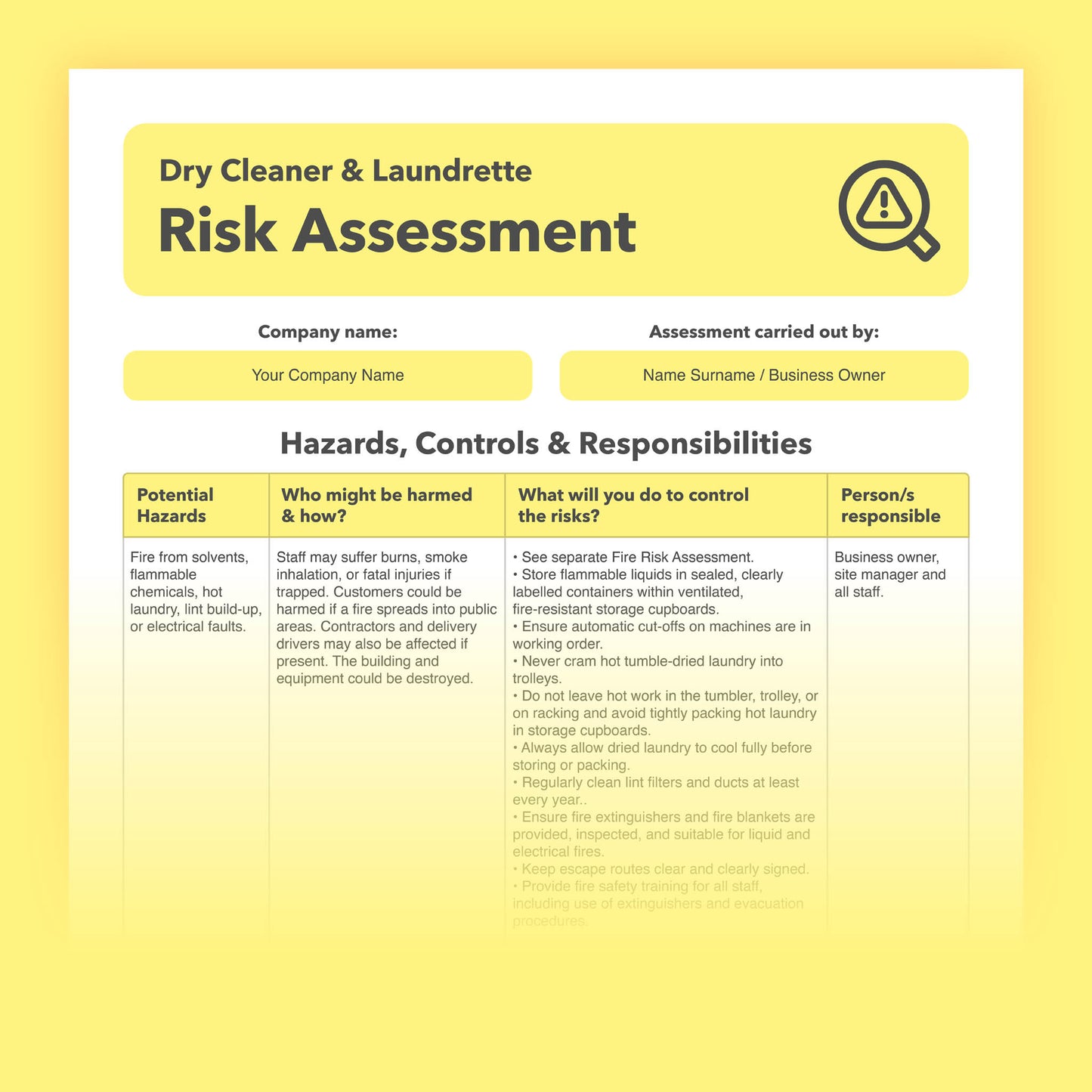 Editable, pre-filled health and safety risk assessment template for dry cleaning and laundrette businesses, laundry services, and garment cleaning shops – fully compliant and easy to use.