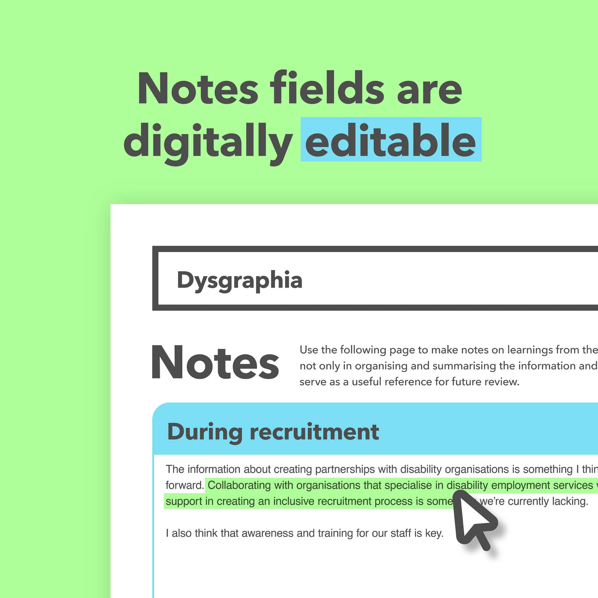 Reasonable adjustments guide for employees with Dysgraphia in the workplace.