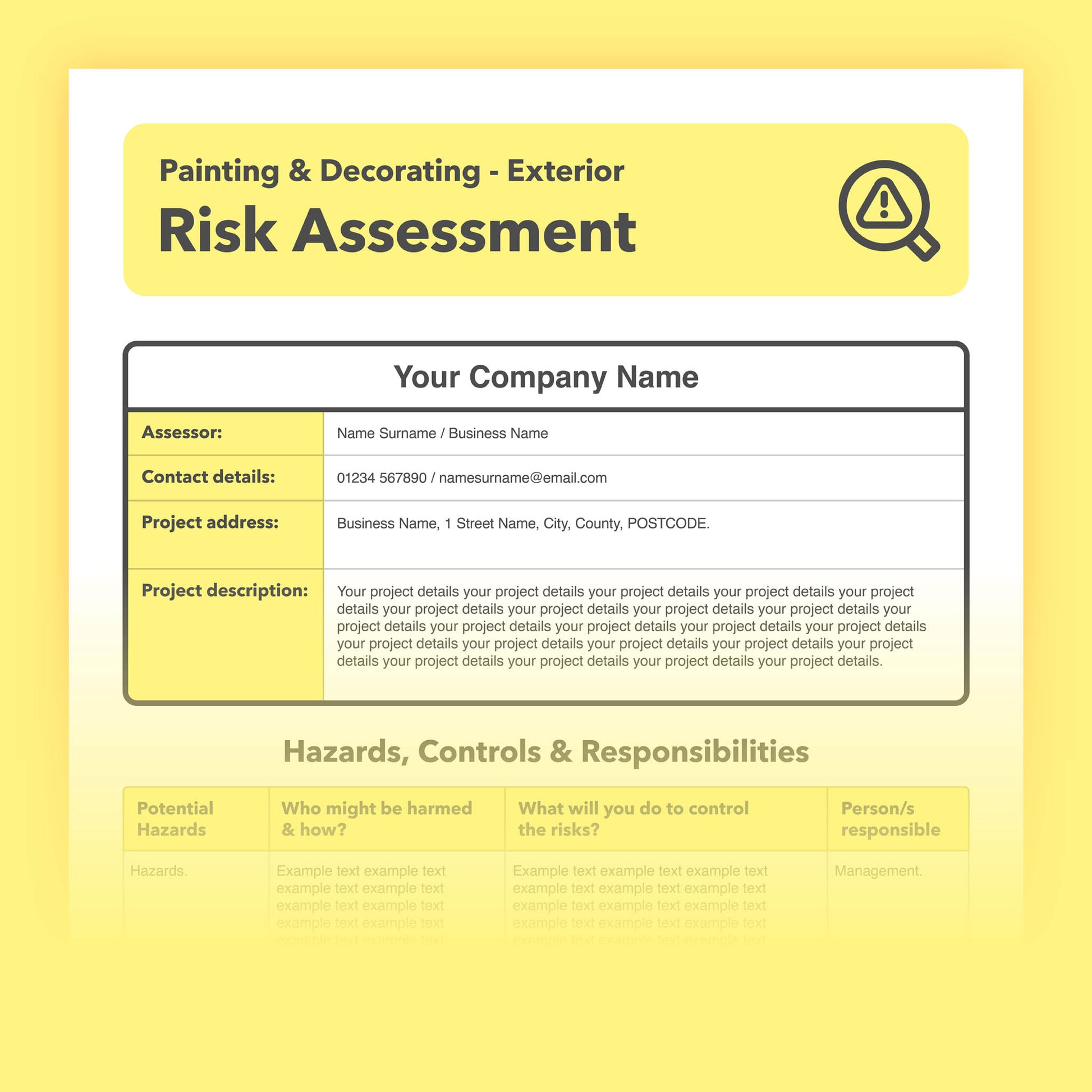 Editable, pre-filled risk assessment template for exterior painting and decorating work – easy to use and fully compliant with health and safety regulations.