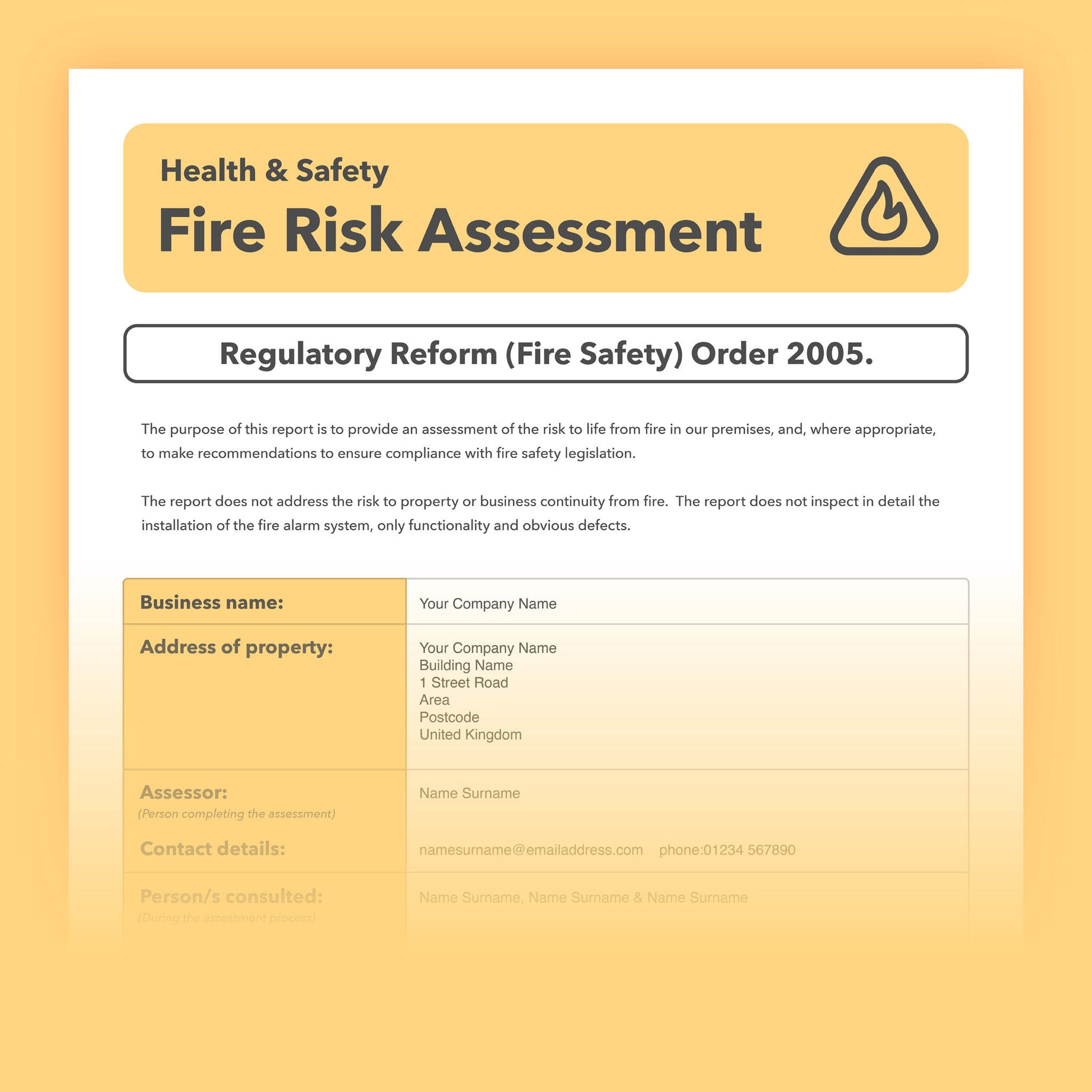 Editable fire risk assessment template with pre-filled example – easy-to-use document for workplace fire safety compliance