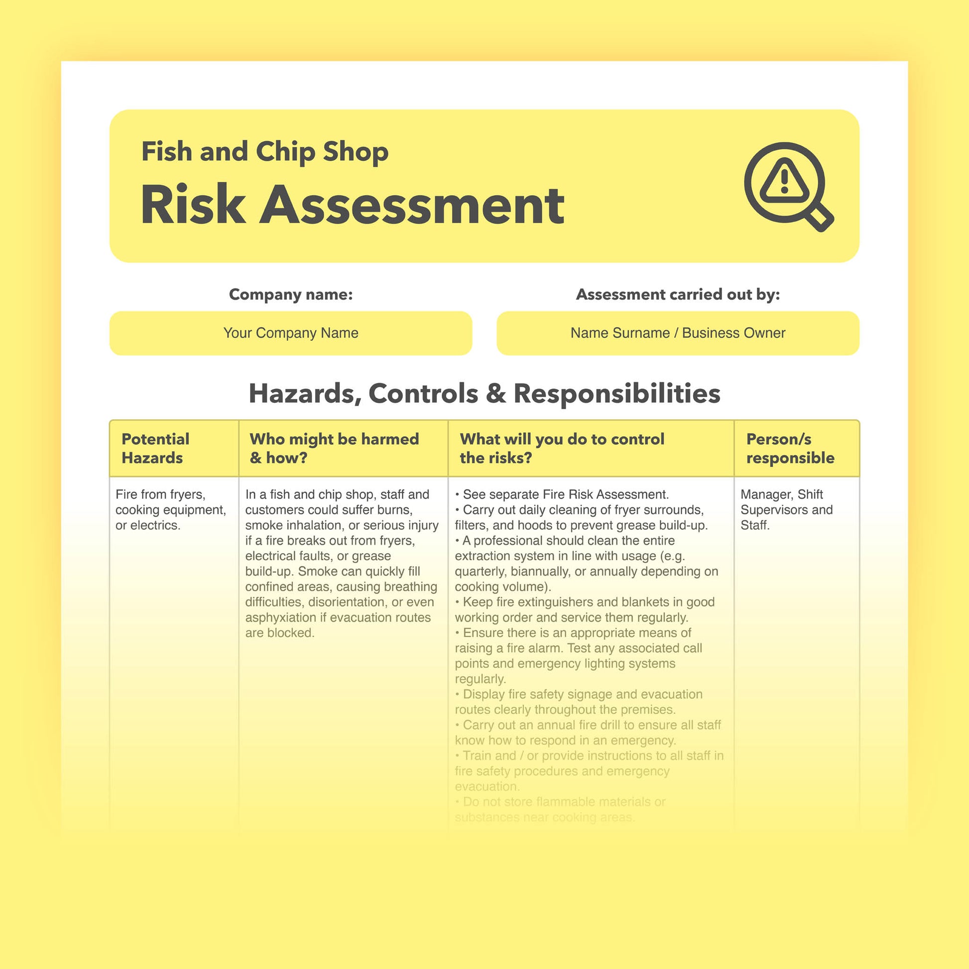 Editable, pre-filled risk assessment template for fish and chip shops, fish and chip restaurants, and chippies – easy to use and fully compliant with health and safety regulations.