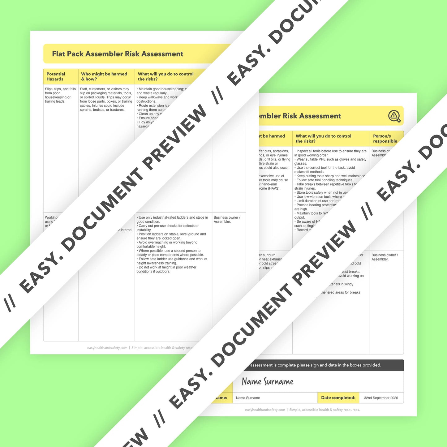 Editable, pre-filled risk assessment for flat pack assemblers, flat pack furniture builders, and furniture assembly services – easy to use, and compliant with health and safety regulations.