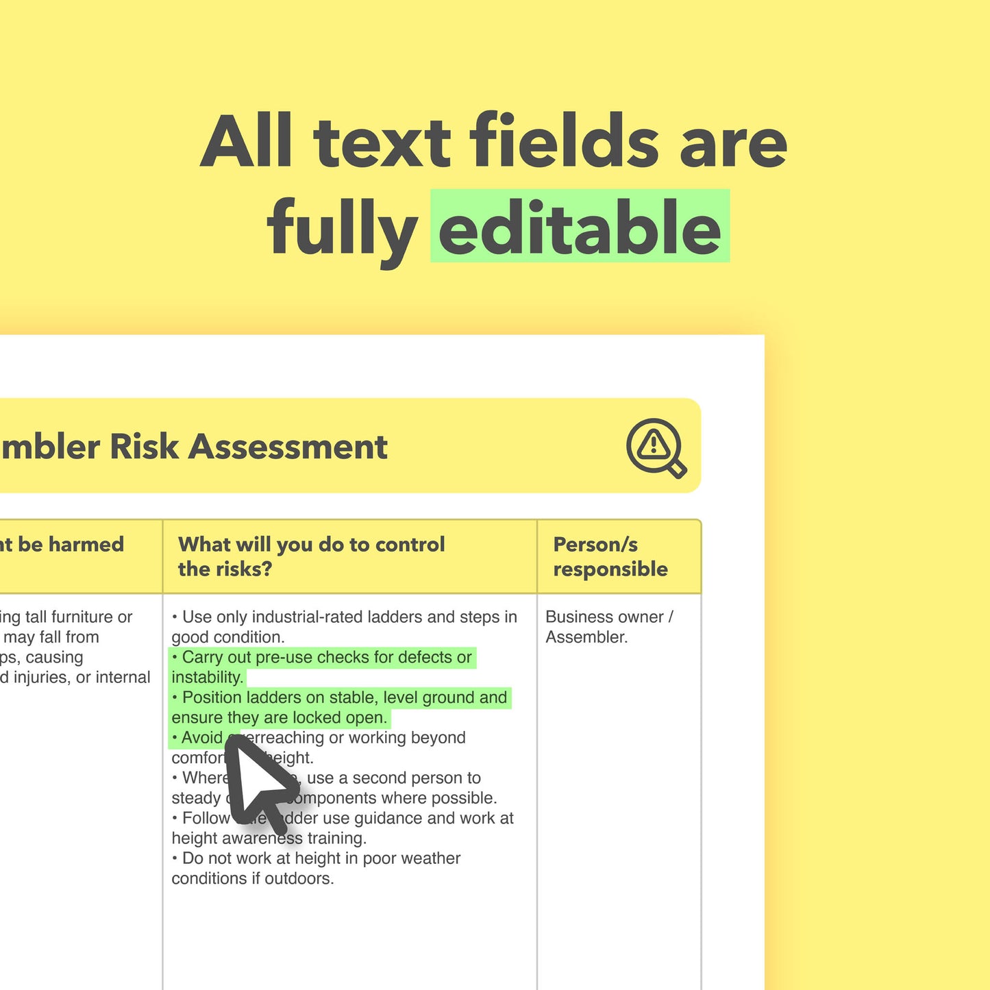 Editable, pre-filled risk assessment for flat pack assemblers, flat pack furniture builders, and furniture assembly services – easy to use, and compliant with health and safety regulations.