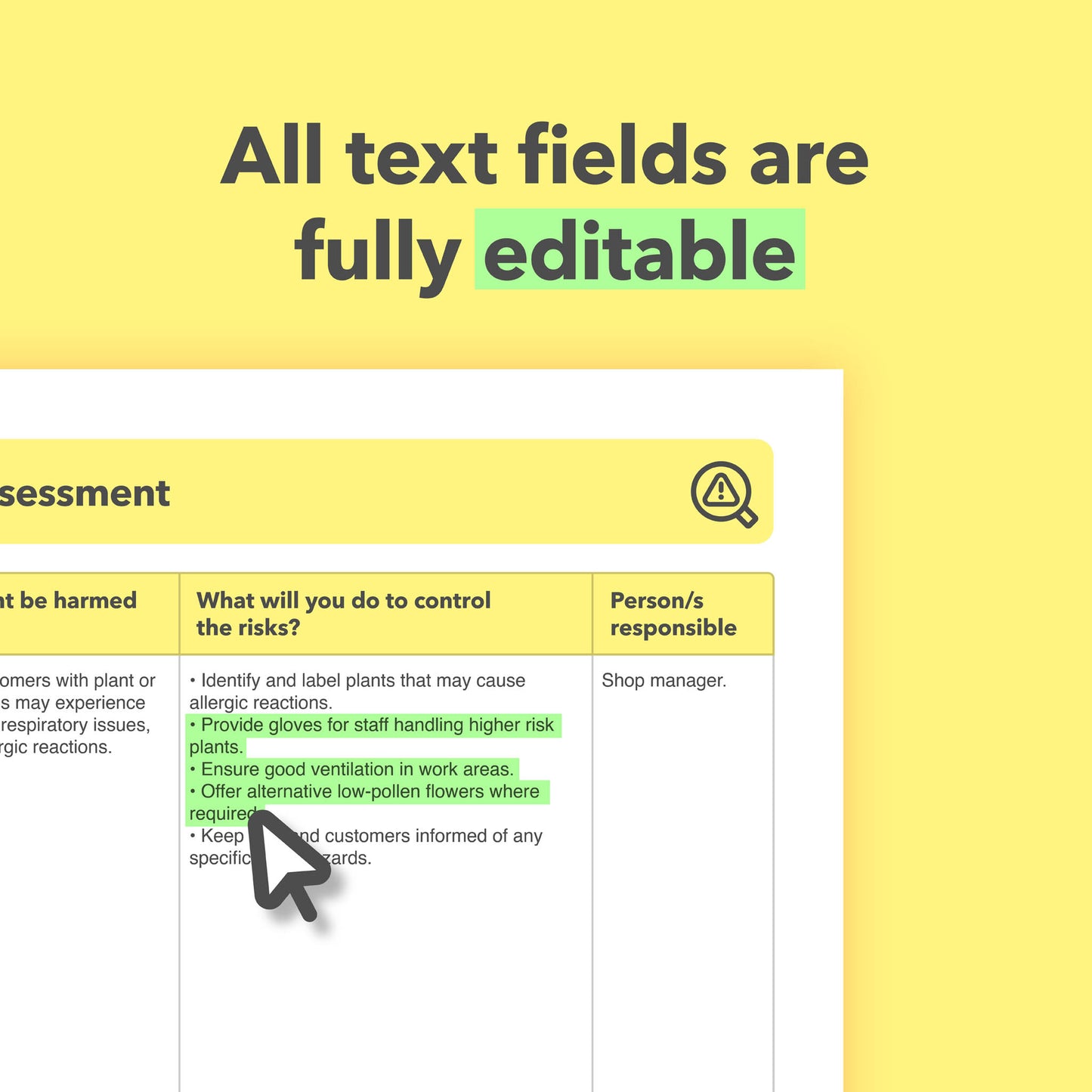 Editable, pre-filled risk assessment template for Florists, Flower Shops and Floral Businesses – fully compliant with health and safety regulations.