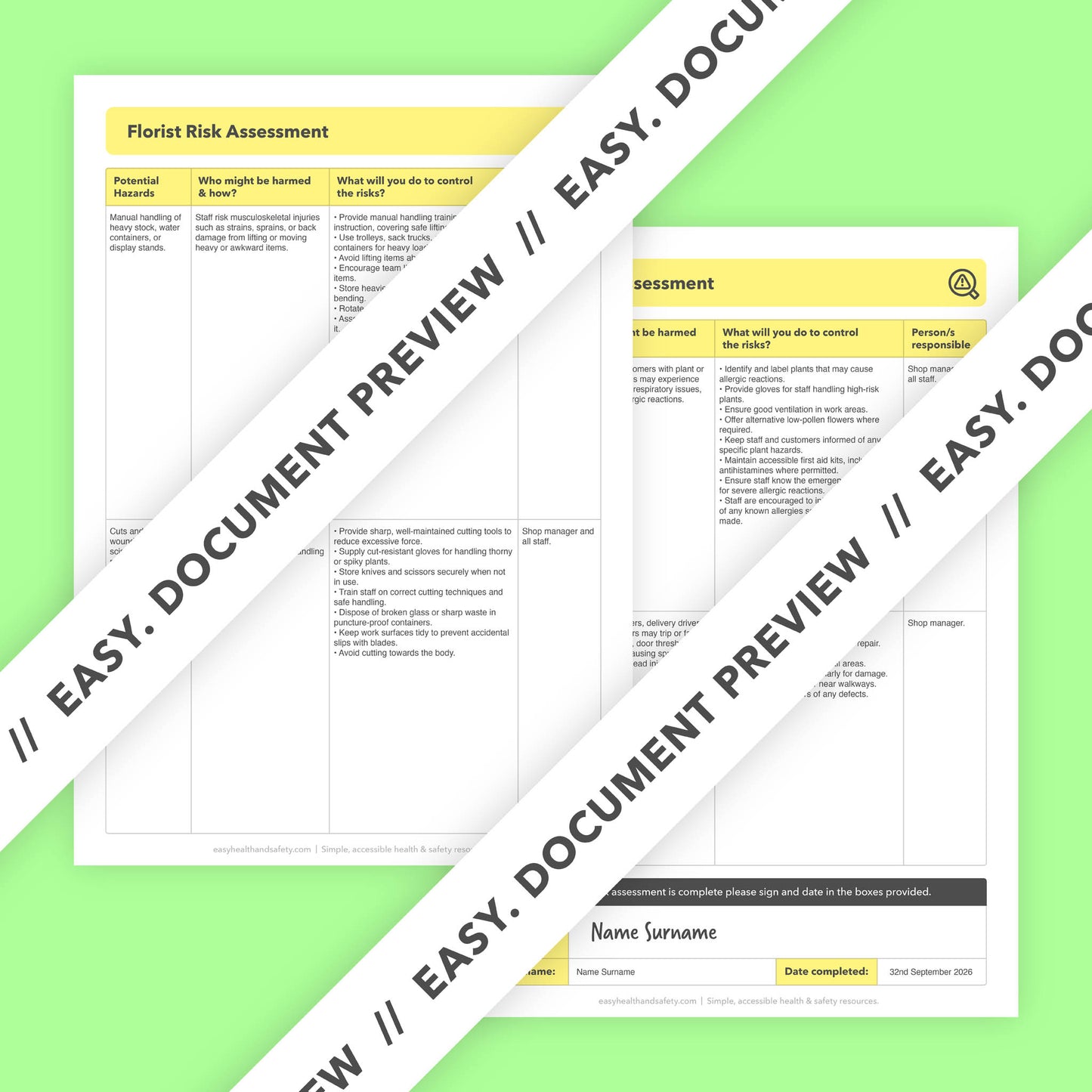 Editable, pre-filled risk assessment template for Florists, Flower Shops and Floral Businesses – fully compliant with health and safety regulations.