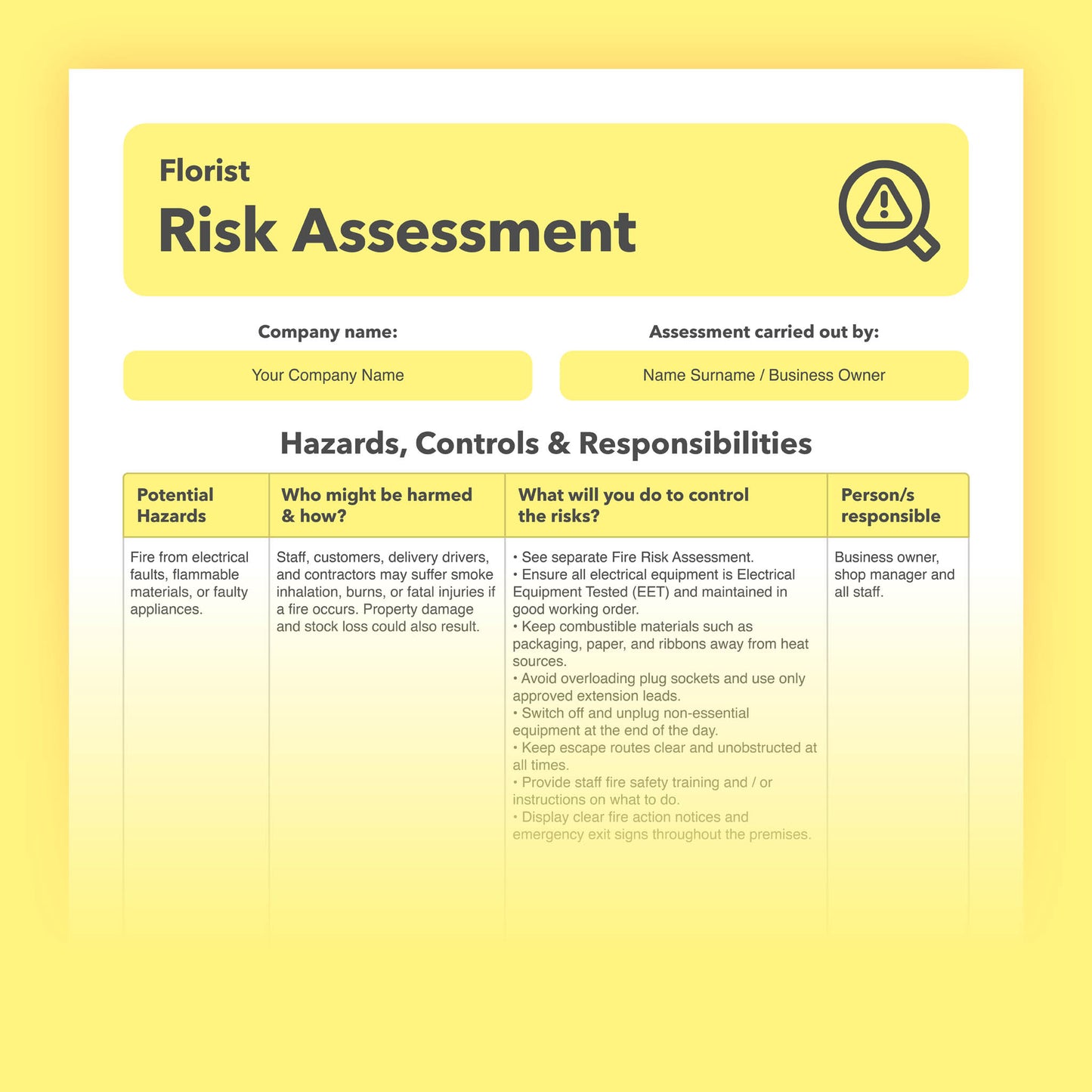 Editable, pre-filled risk assessment template for Florists, Flower Shops and Floral Businesses – fully compliant with health and safety regulations.