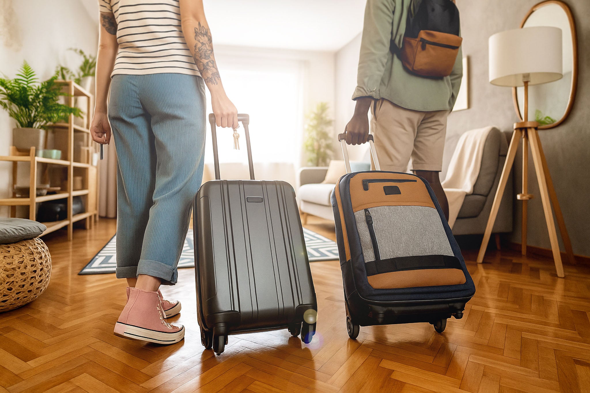 Guests arriving at a holiday let or Airbnb property with suitcases.