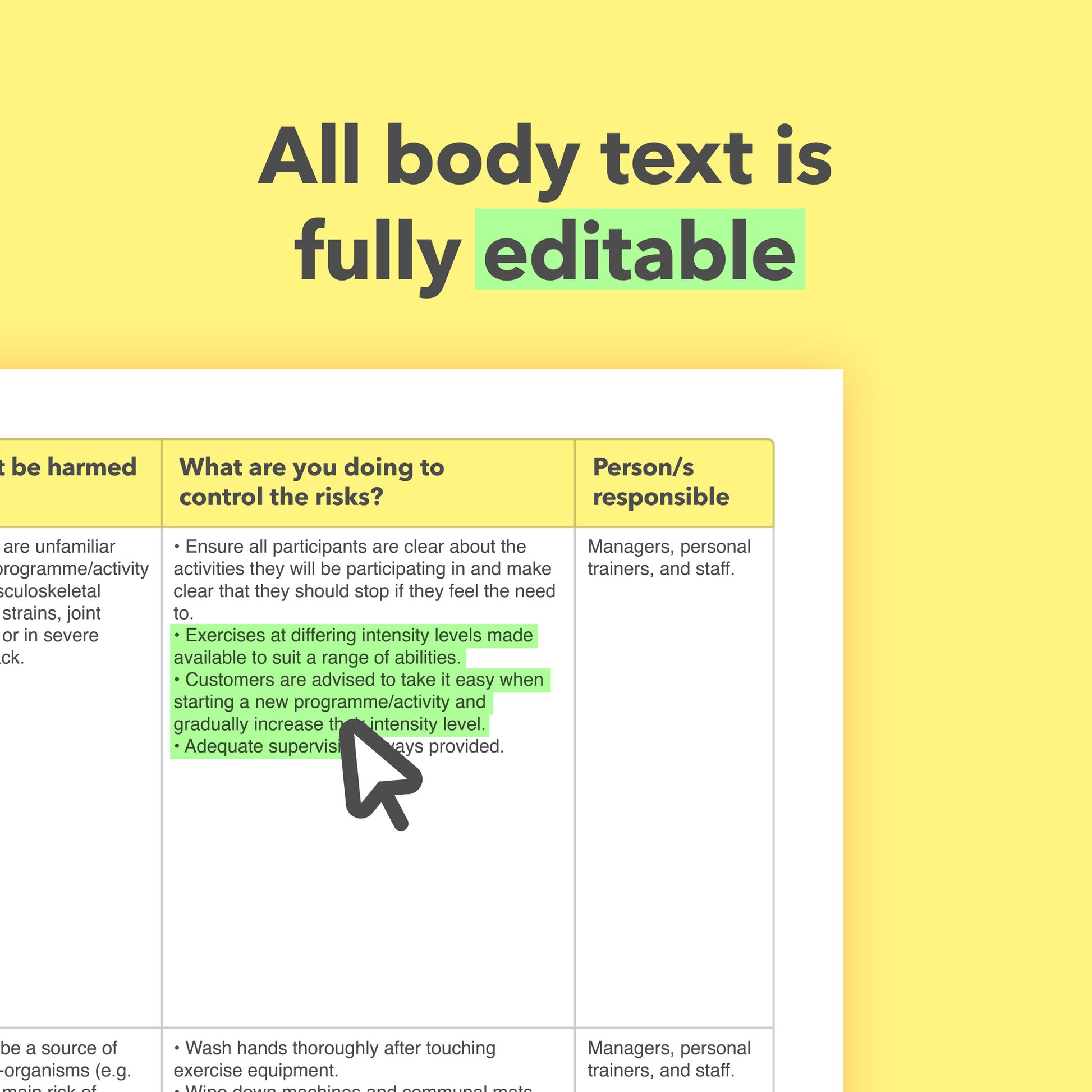 Editable, pre-filled risk assessment template for gyms, fitness centres and health clubs – easy to use and fully compliant with health and safety regulations.