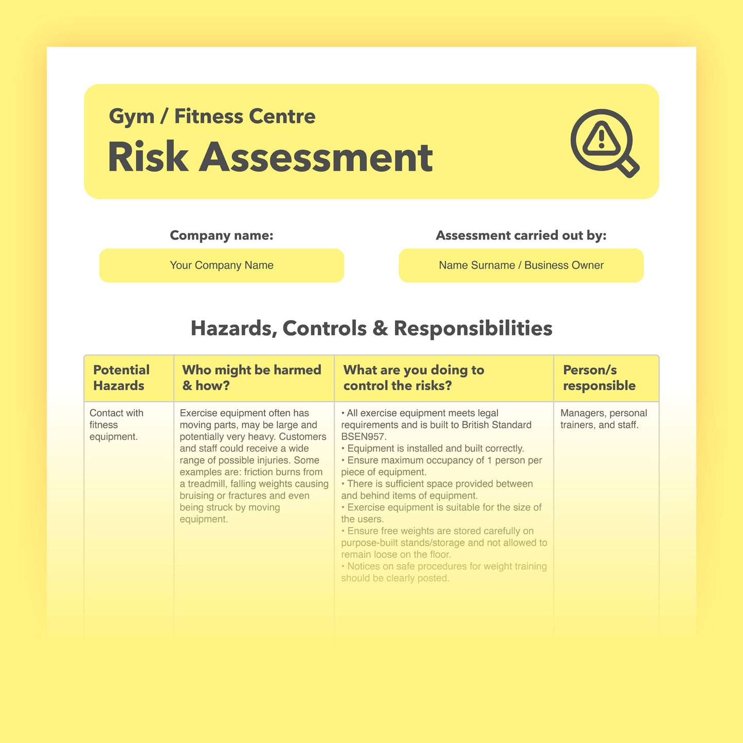 Editable, pre-filled risk assessment template for gyms, fitness centres and health clubs – easy to use and fully compliant with health and safety regulations.