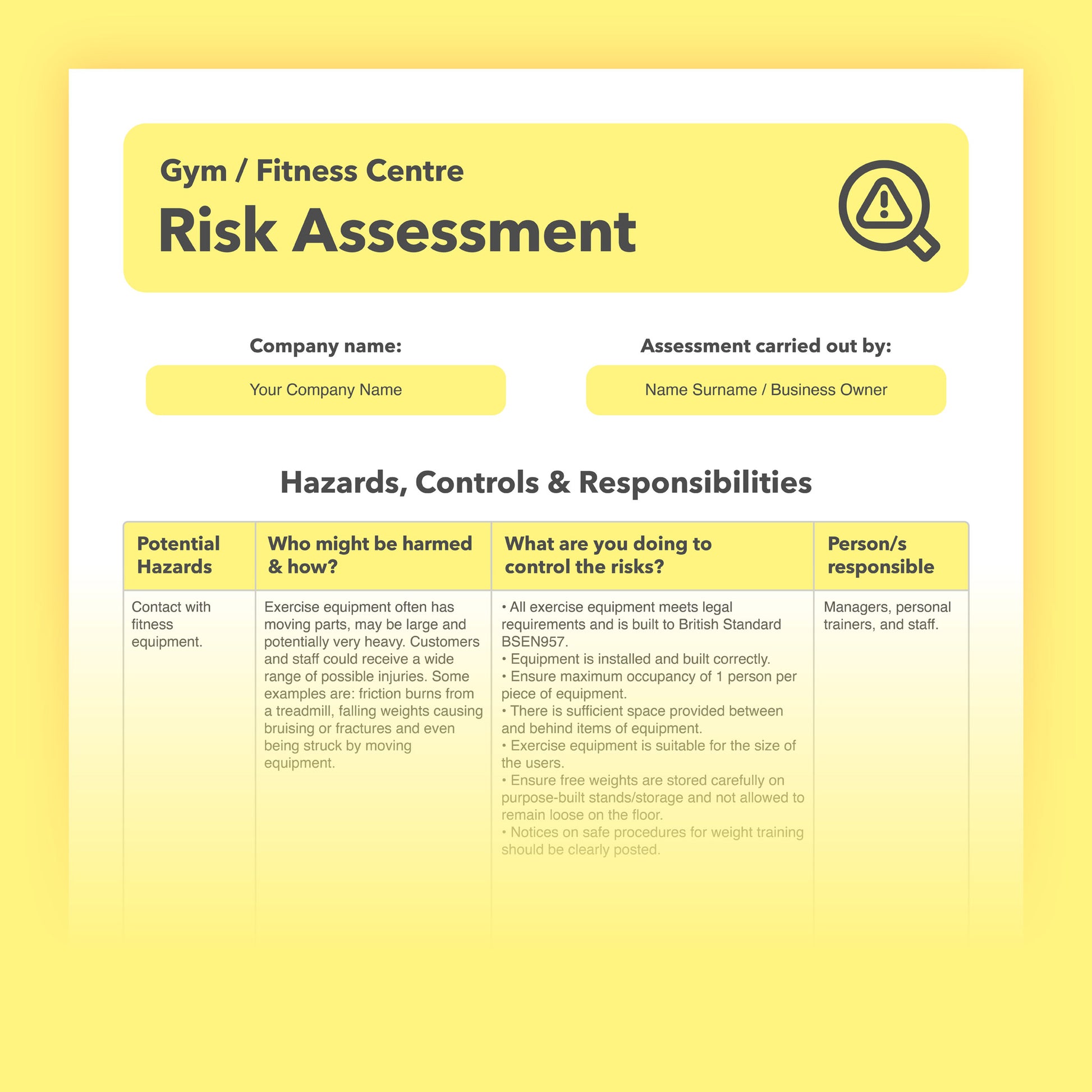 Editable, pre-filled risk assessment template for gyms, fitness centres and health clubs – easy to use and fully compliant with health and safety regulations.