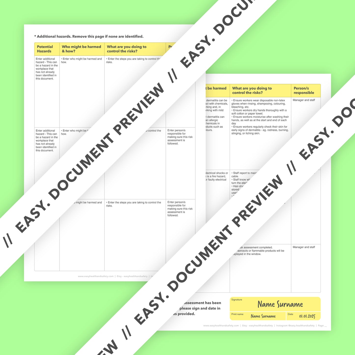 Editable, pre-filled risk assessment template for hair salons and barbershops – fully compliant with health and safety regulations.
