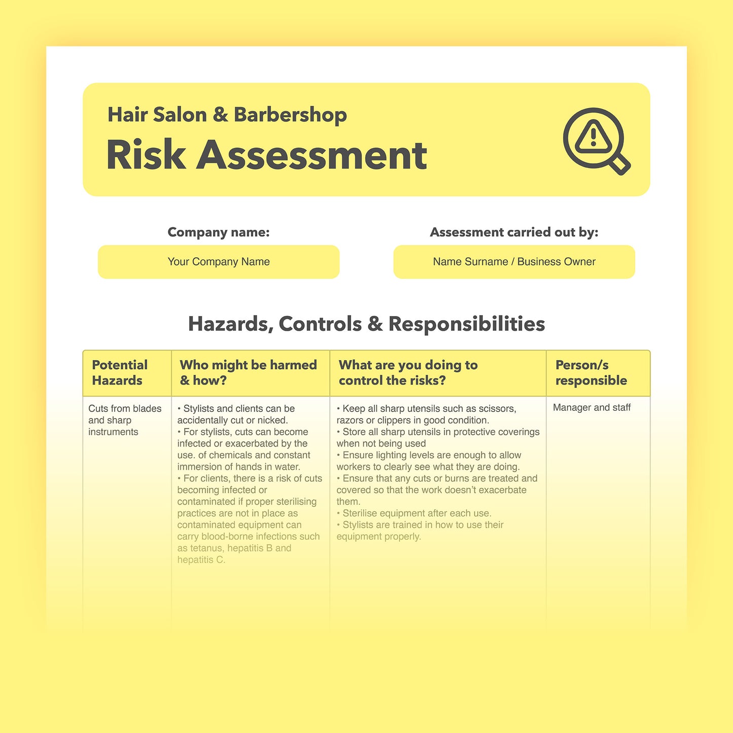 Editable, pre-filled risk assessment template for hair salons and barbershops – fully compliant with health and safety regulations.