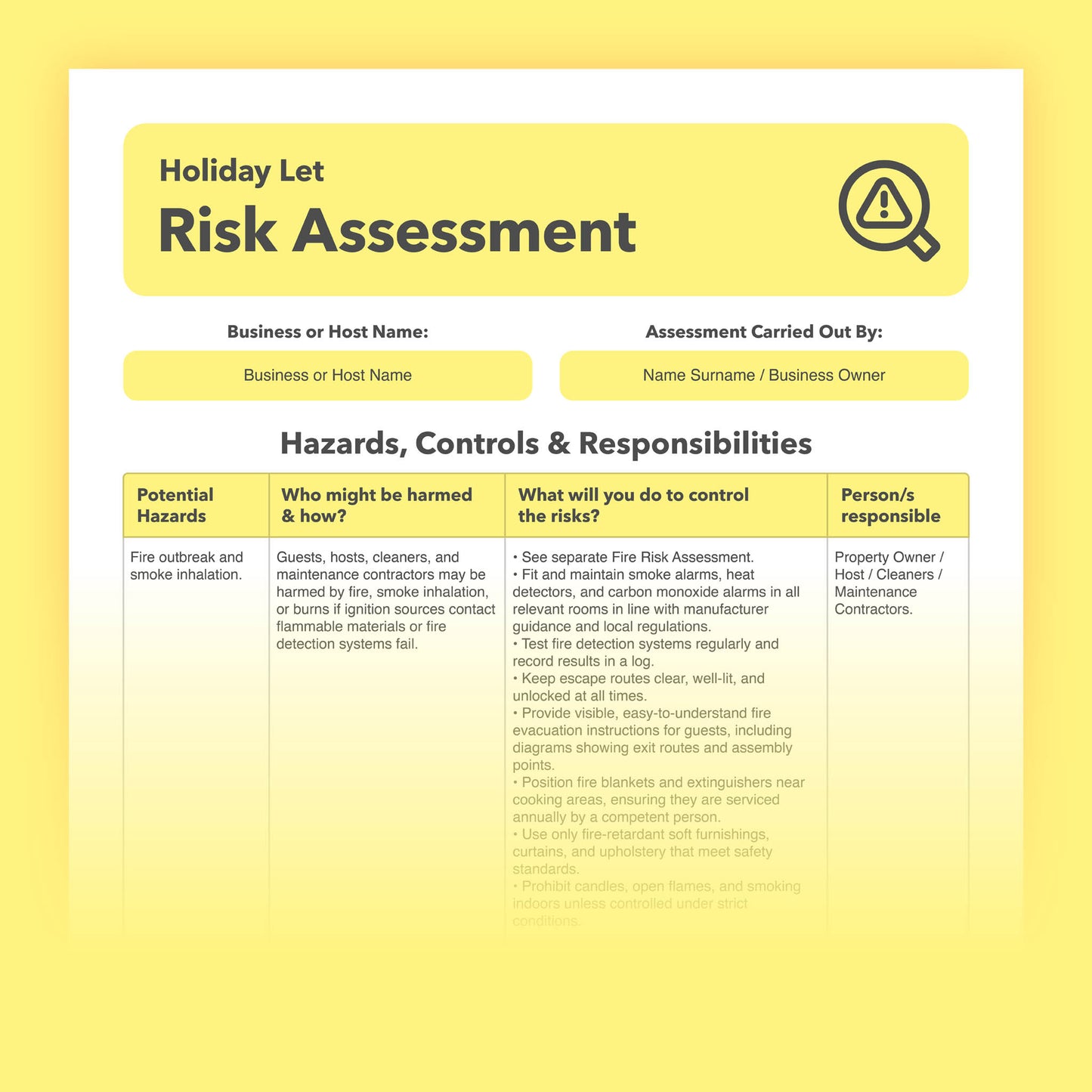 Editable, pre-filled risk assessment for holiday lets, Airbnbs, bed and breakfasts, short-term rentals, and guest accommodation – easy to use and fully compliant with health and safety regulations.