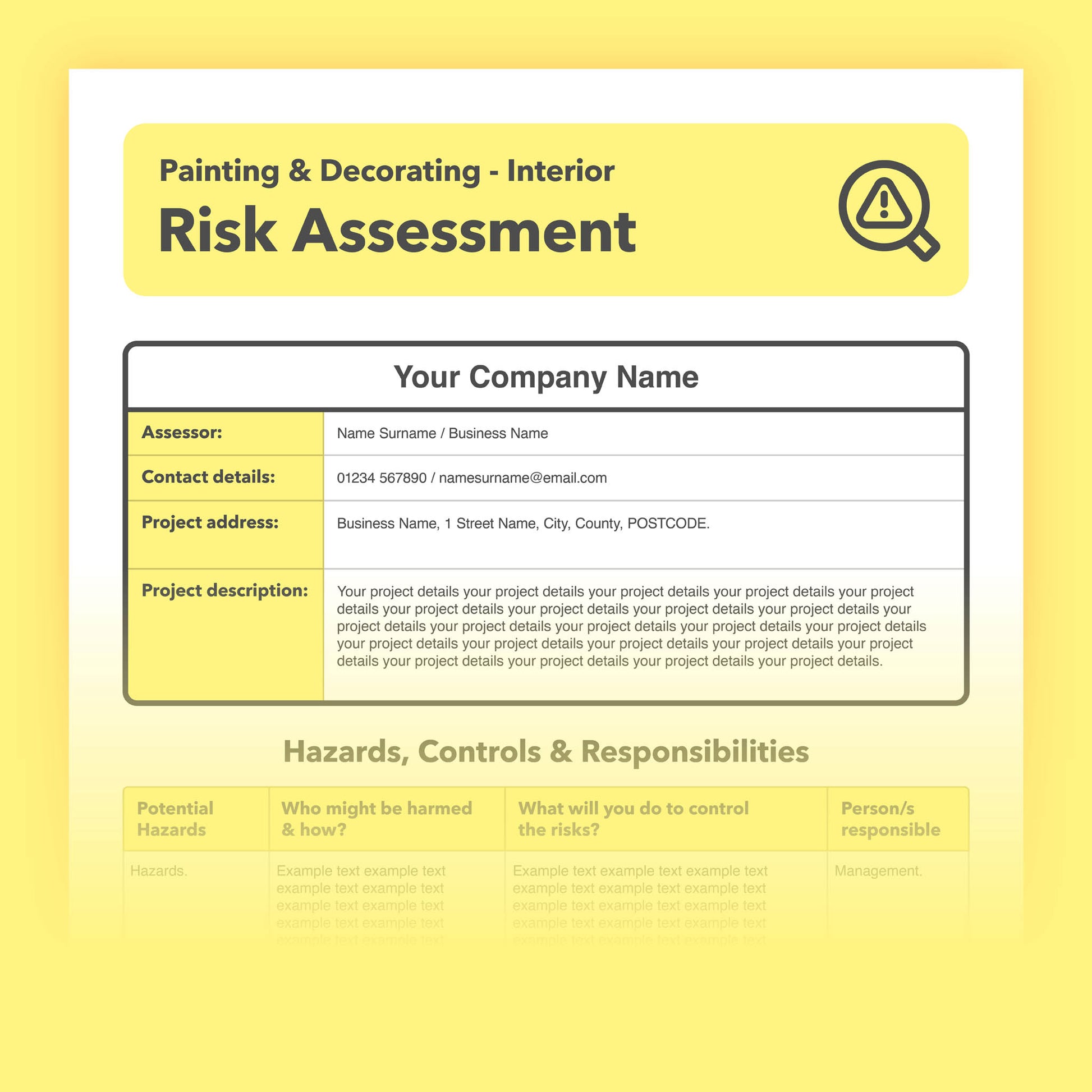 Editable, pre-filled risk assessment template for interior painting and decorating work – easy to use and fully compliant with health and safety regulations.