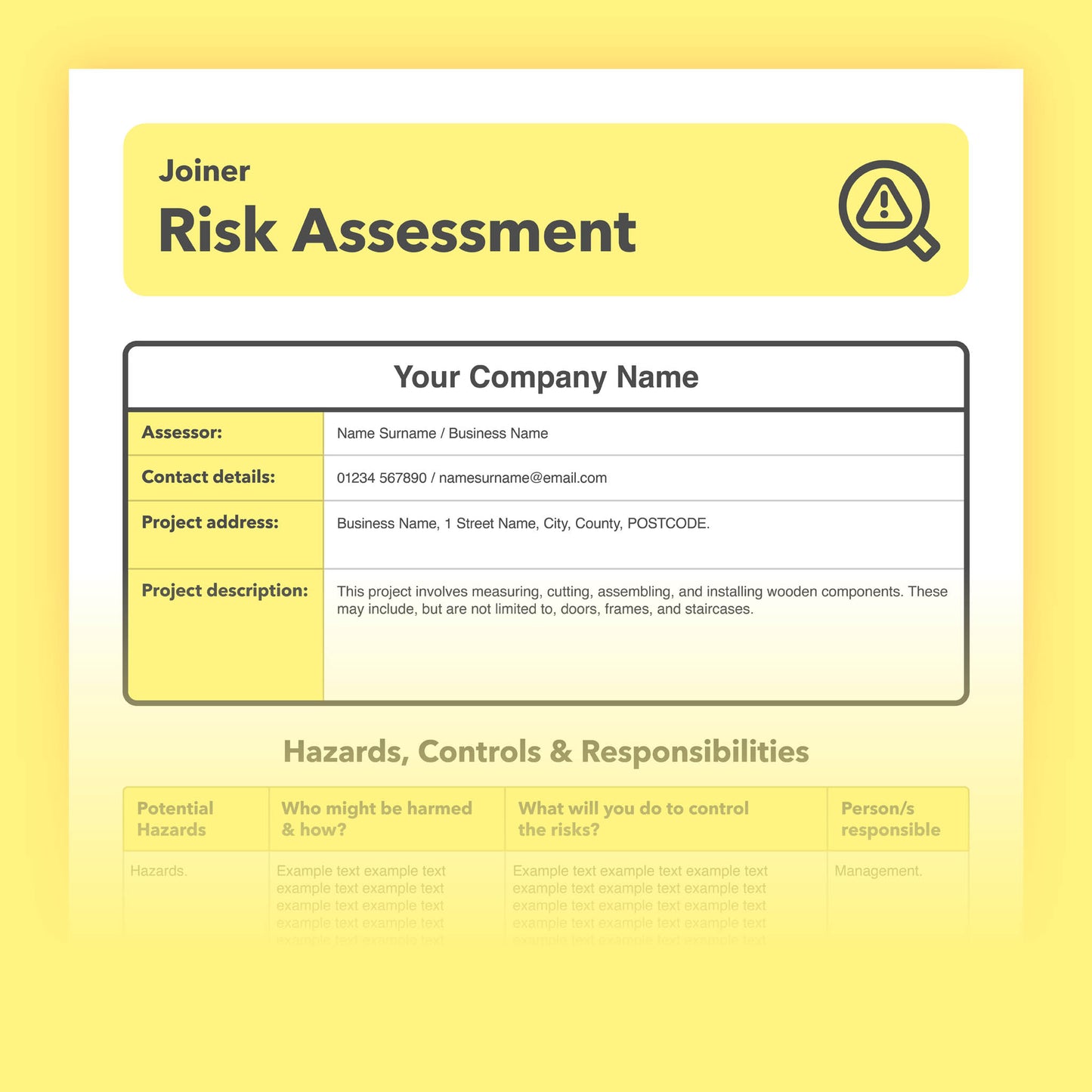 Risk assessment template for Joiners and joinery work. This health and safety risk assessment comes pre-filled for ease of use.