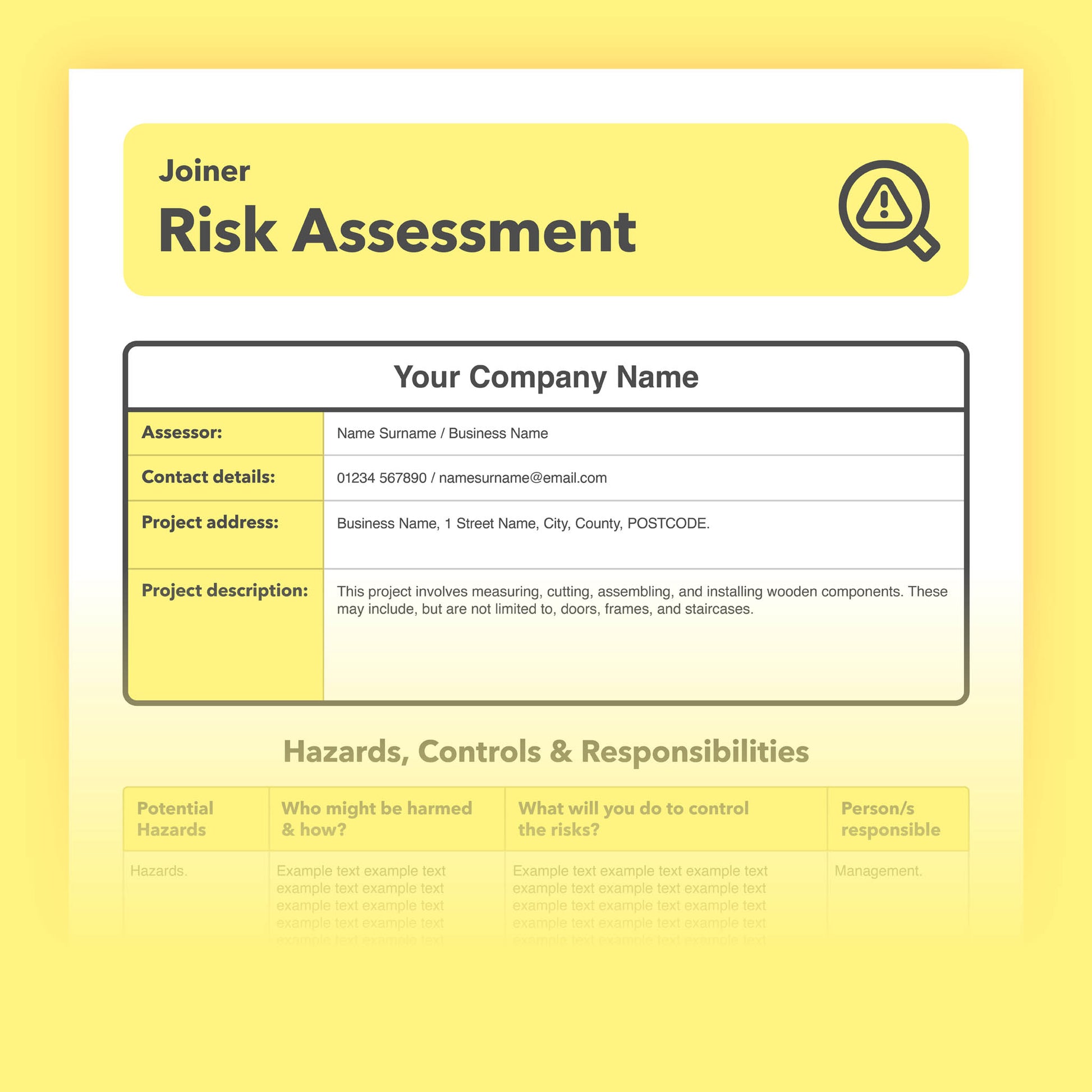 Editable, pre-filled risk assessment template for joiners, joinery work, and joinery businesses – easy to use and compliant with health and safety regulations.