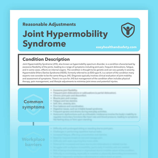 Reasonable adjustments guide for employees with Joint Hypermobility Syndrome (JHS) in the workplace.