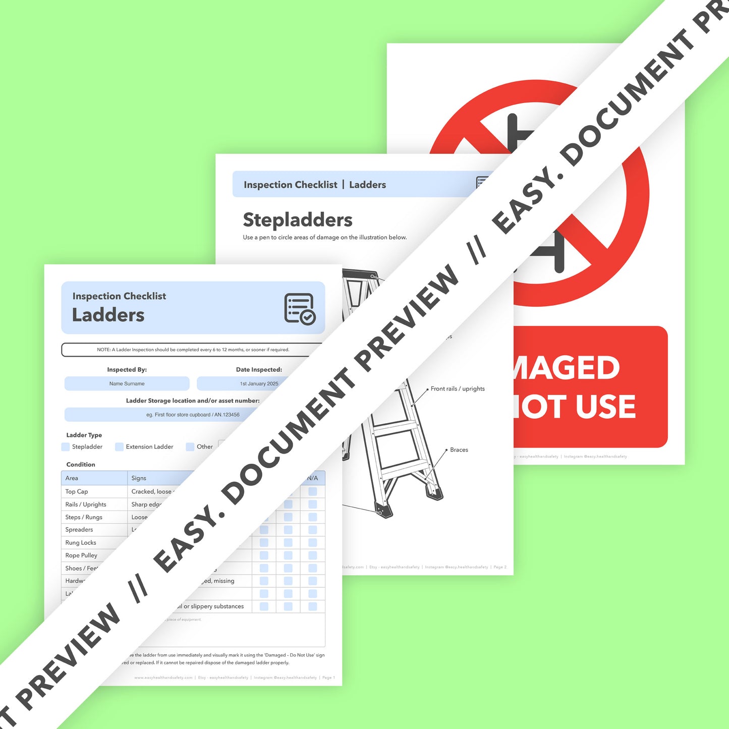 Editable ladder inspection template for stepladders and extension ladders – designed to support workplace health and safety compliance and protect employees.