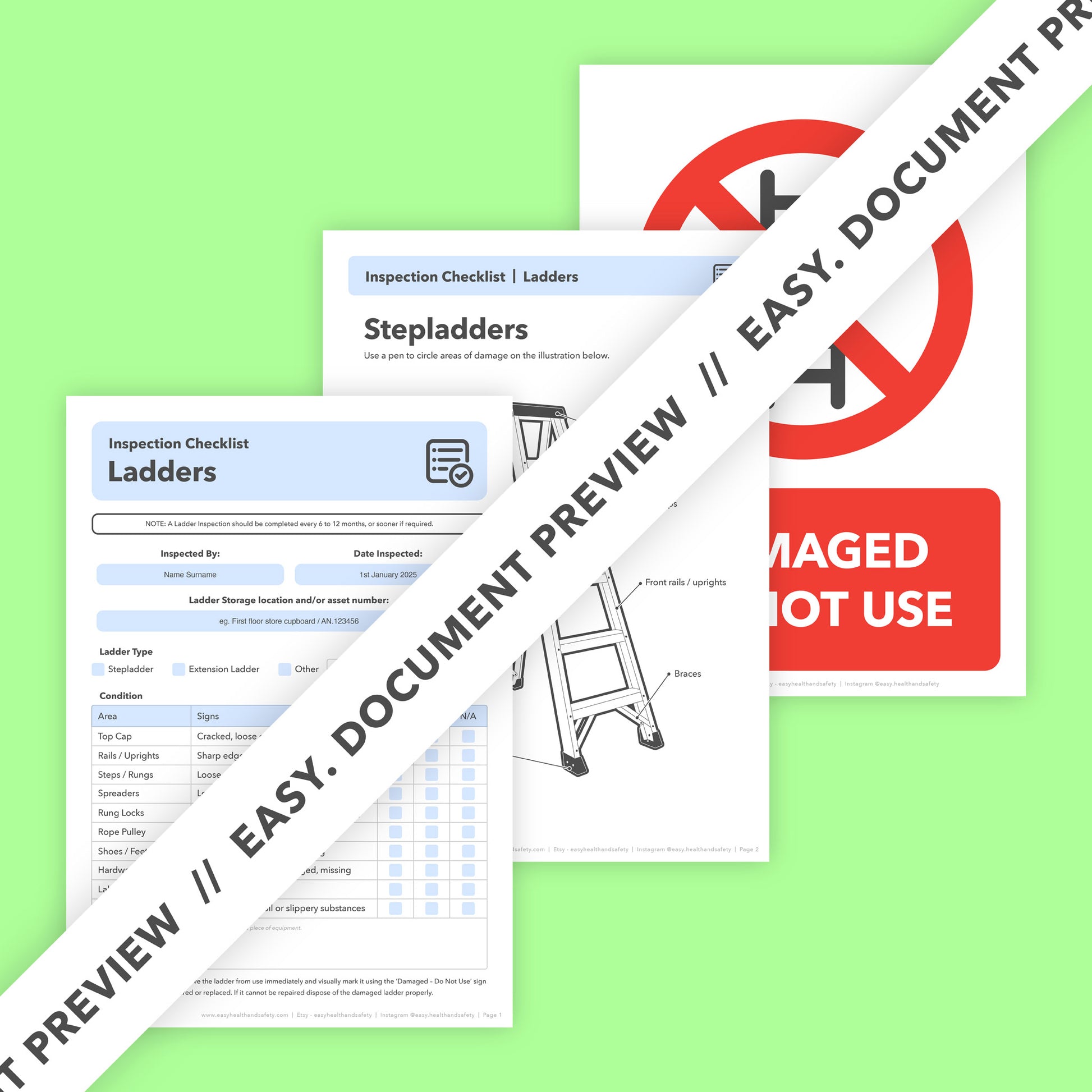 Editable ladder inspection template for stepladders and extension ladders – designed to support workplace health and safety compliance and protect employees.