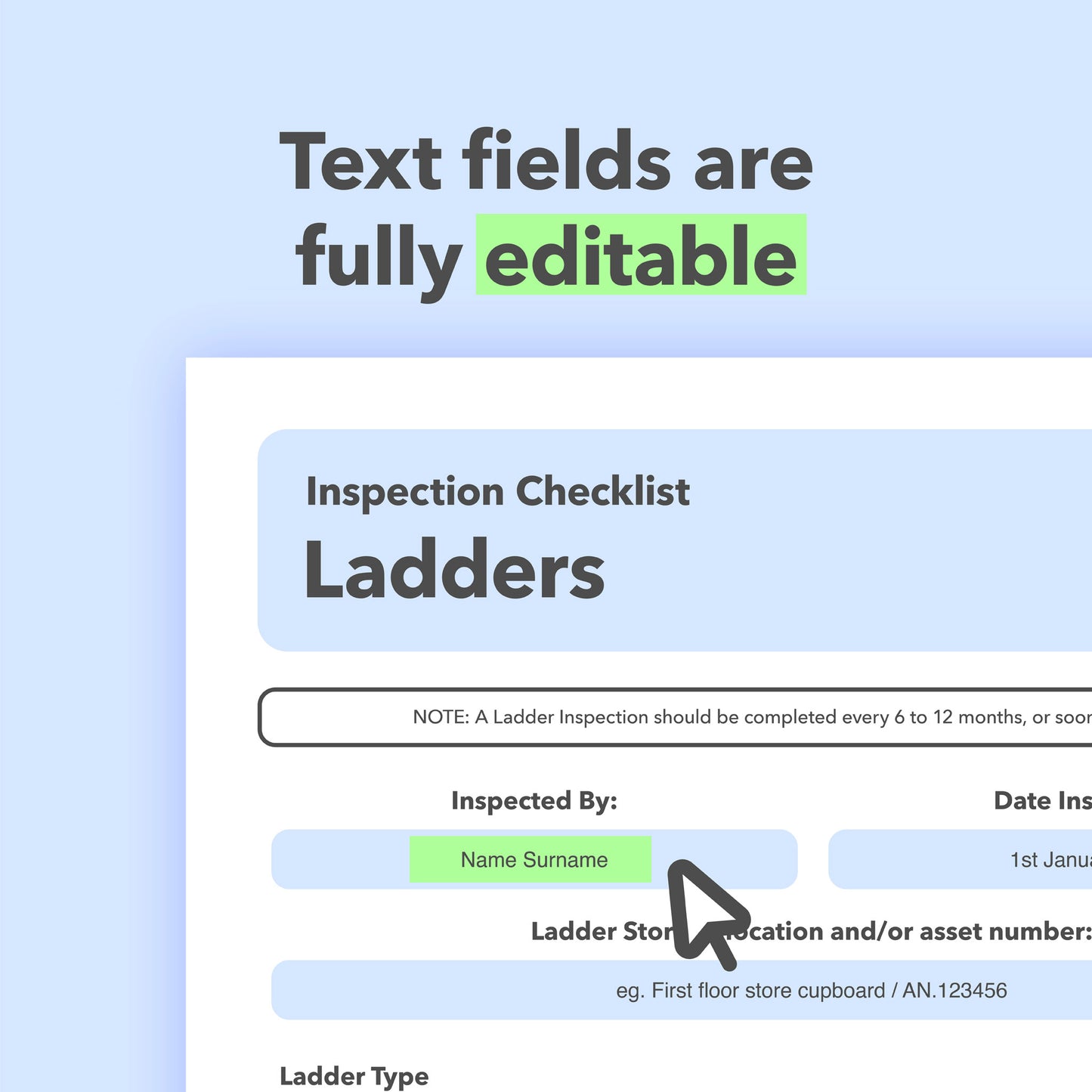Editable ladder inspection template for stepladders and extension ladders – designed to support workplace health and safety compliance and protect employees.