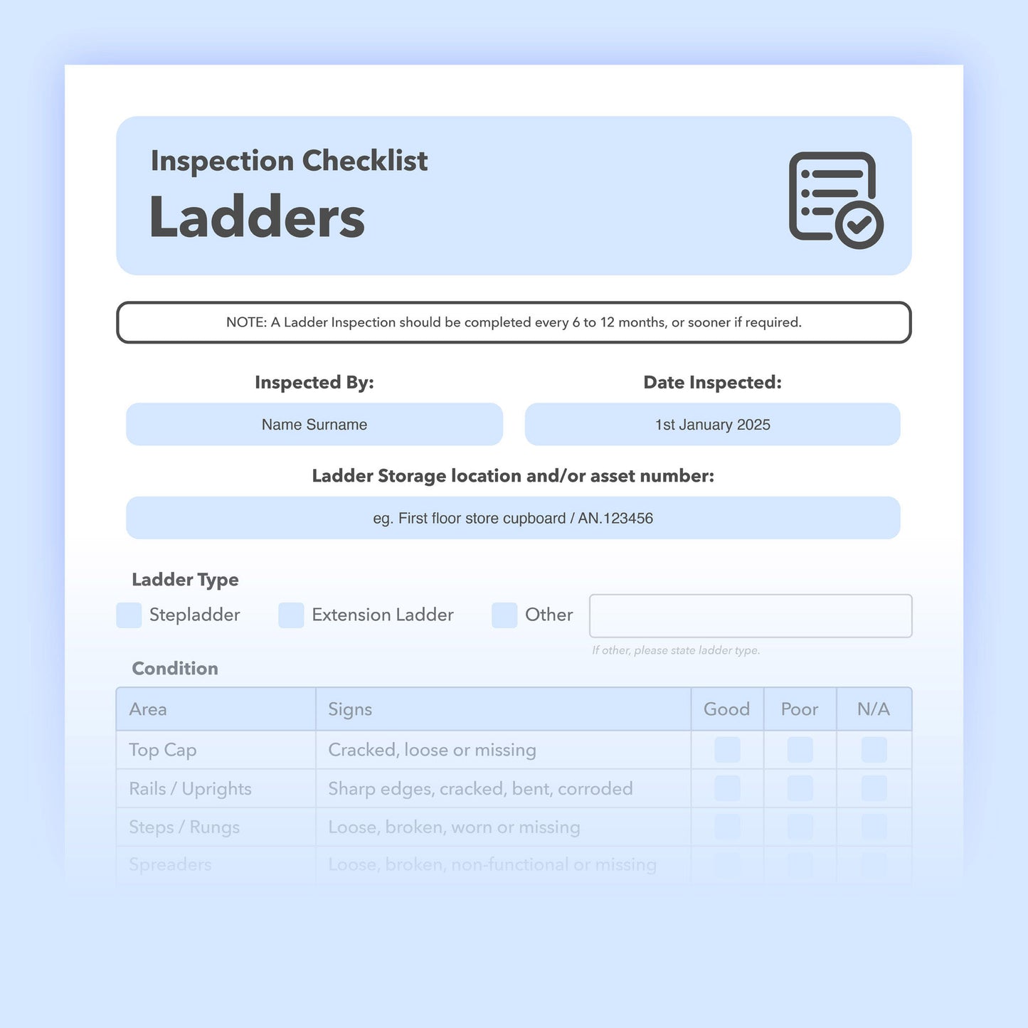 Editable ladder inspection template for stepladders and extension ladders – designed to support workplace health and safety compliance and protect employees.