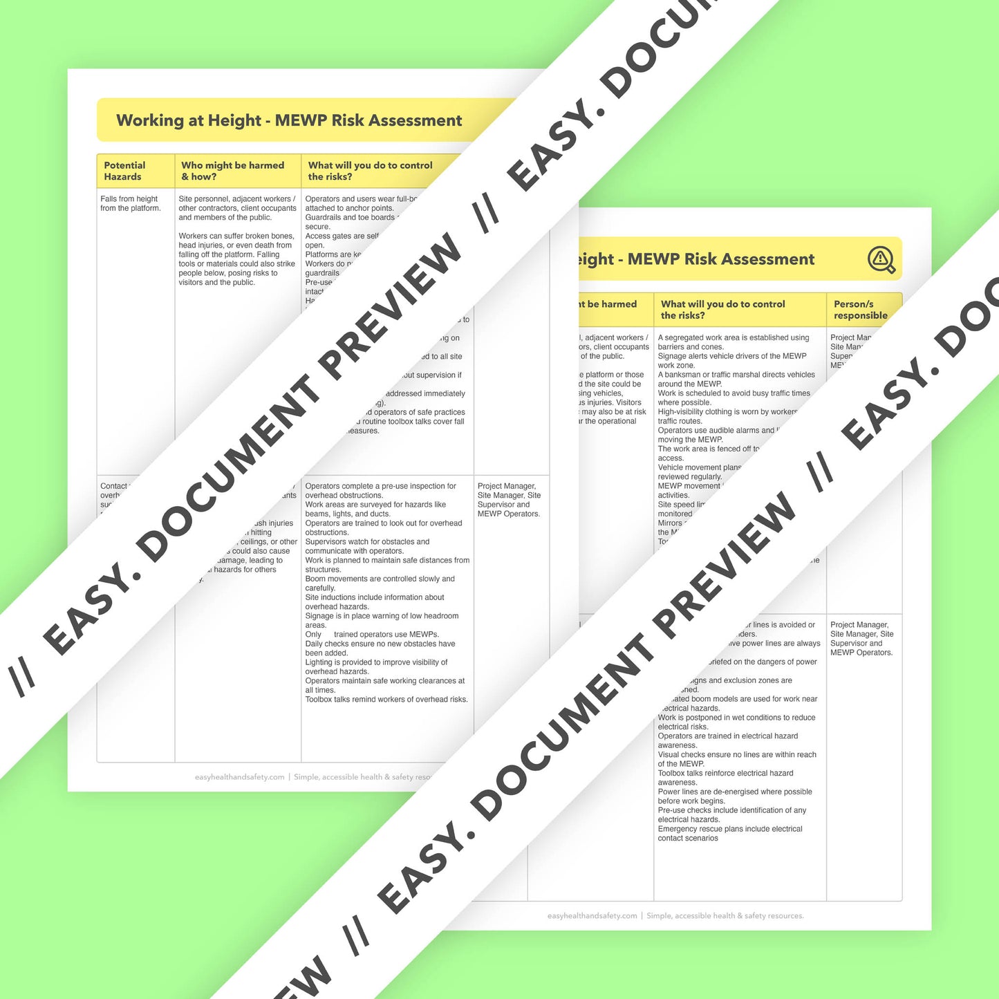 Editable, pre-filled risk assessment template for working at height using a MEWP (Mobile Elevating Work Platform) – fully compliant with health and safety regulations.