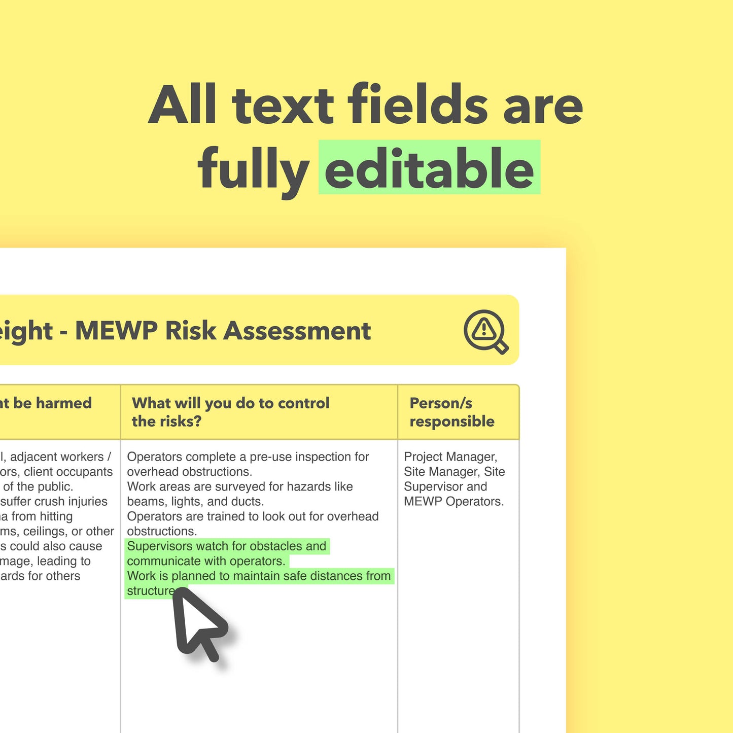Editable, pre-filled risk assessment template for working at height using a MEWP (Mobile Elevating Work Platform) – fully compliant with health and safety regulations.