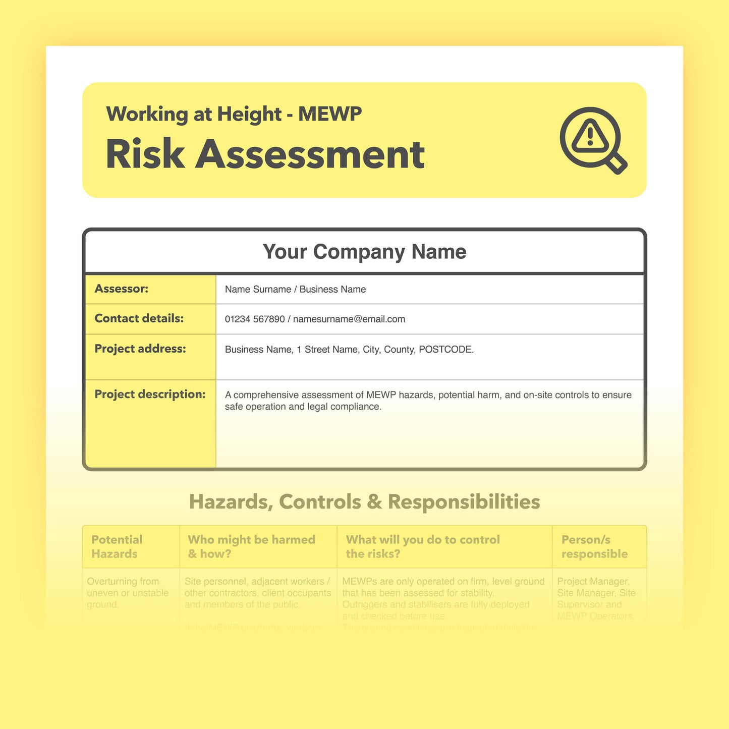 Editable, pre-filled risk assessment template for working at height using a MEWP (Mobile Elevating Work Platform) – fully compliant with health and safety regulations.