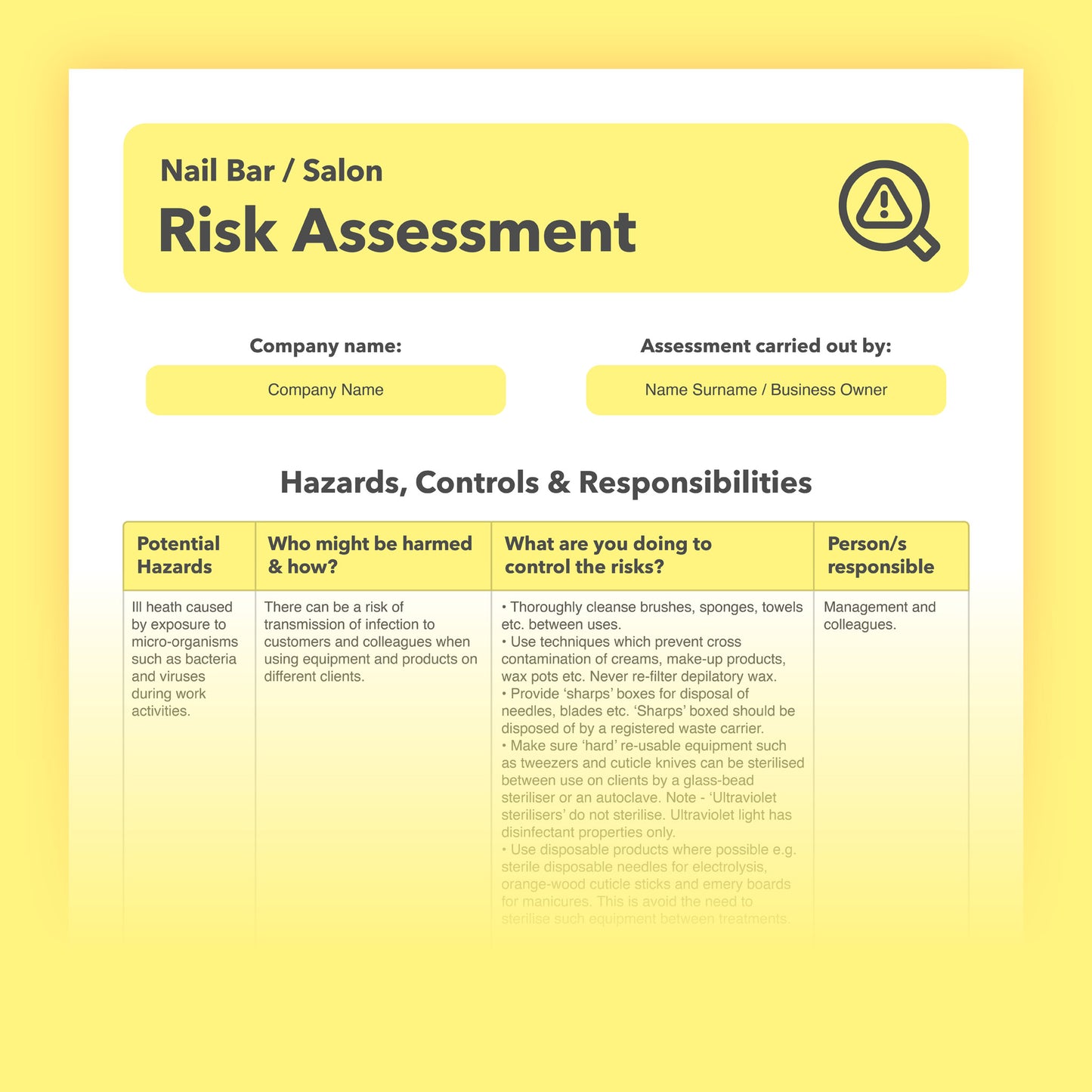 Editable, pre-filled risk assessment template for nail salons, manicurists and pedicurists – fully compliant with health and safety regulations.