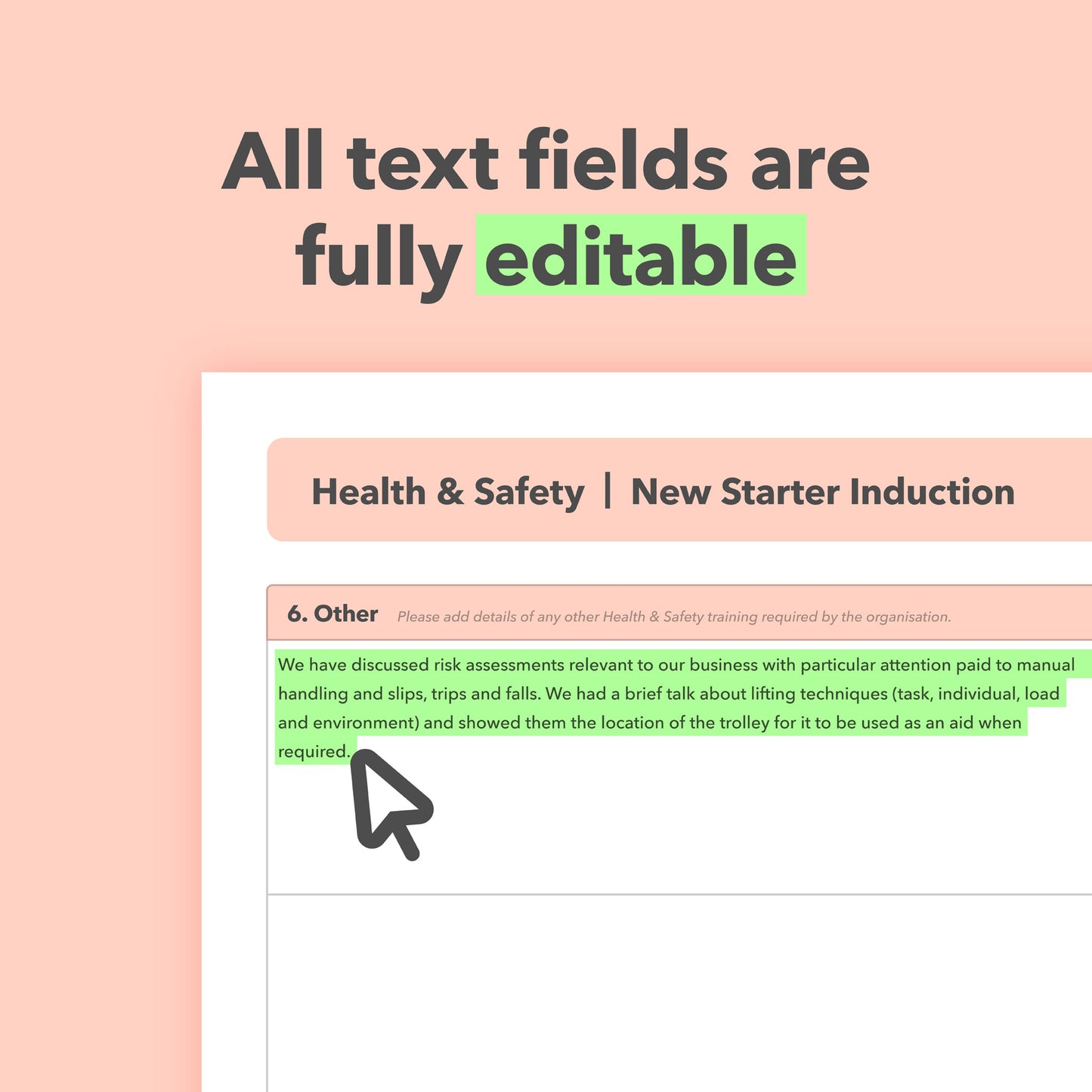 Health and Safety Induction Form template for new starters, ensuring workplace compliance and employee safety.