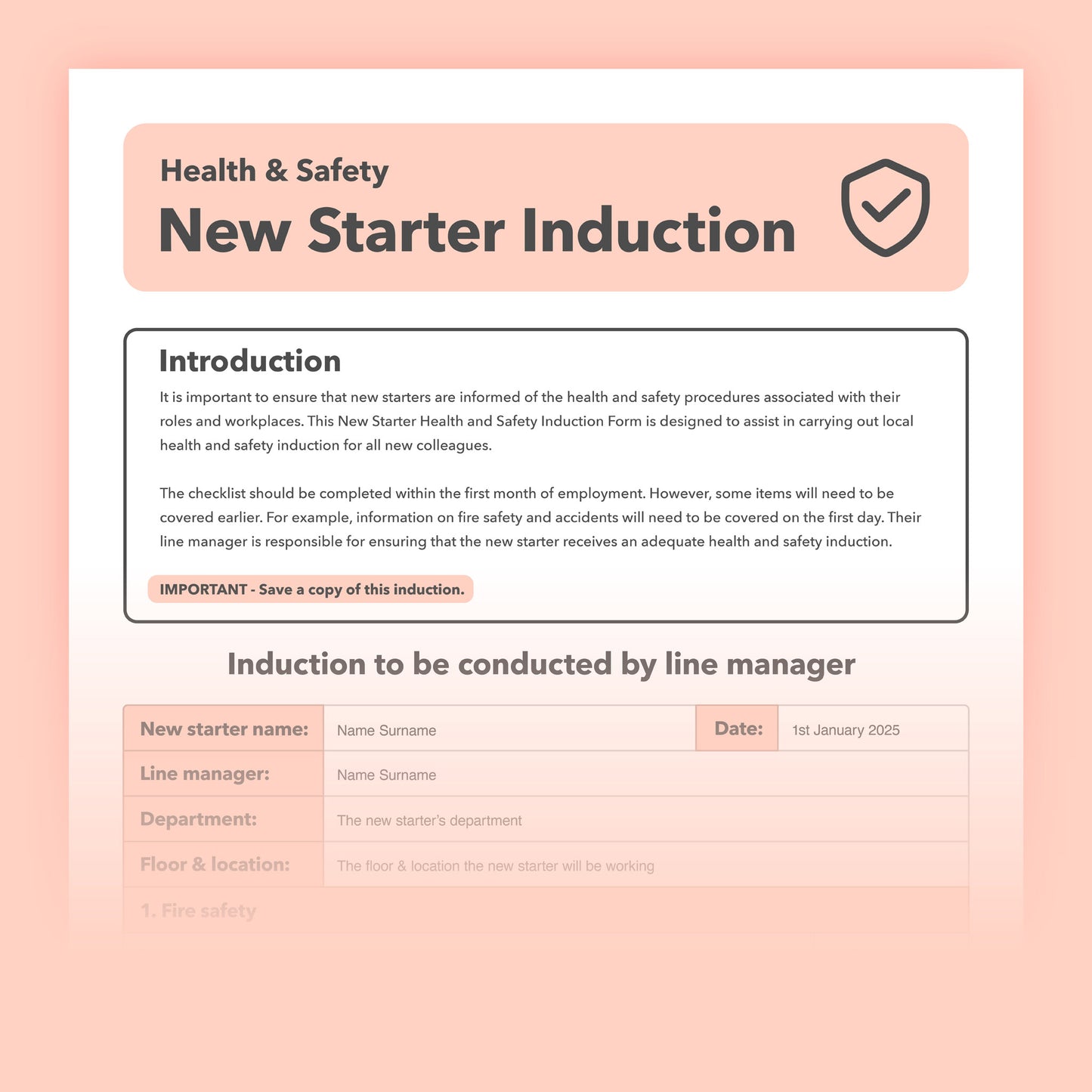 Health and Safety Induction Form template for new starters, ensuring workplace compliance and employee safety.